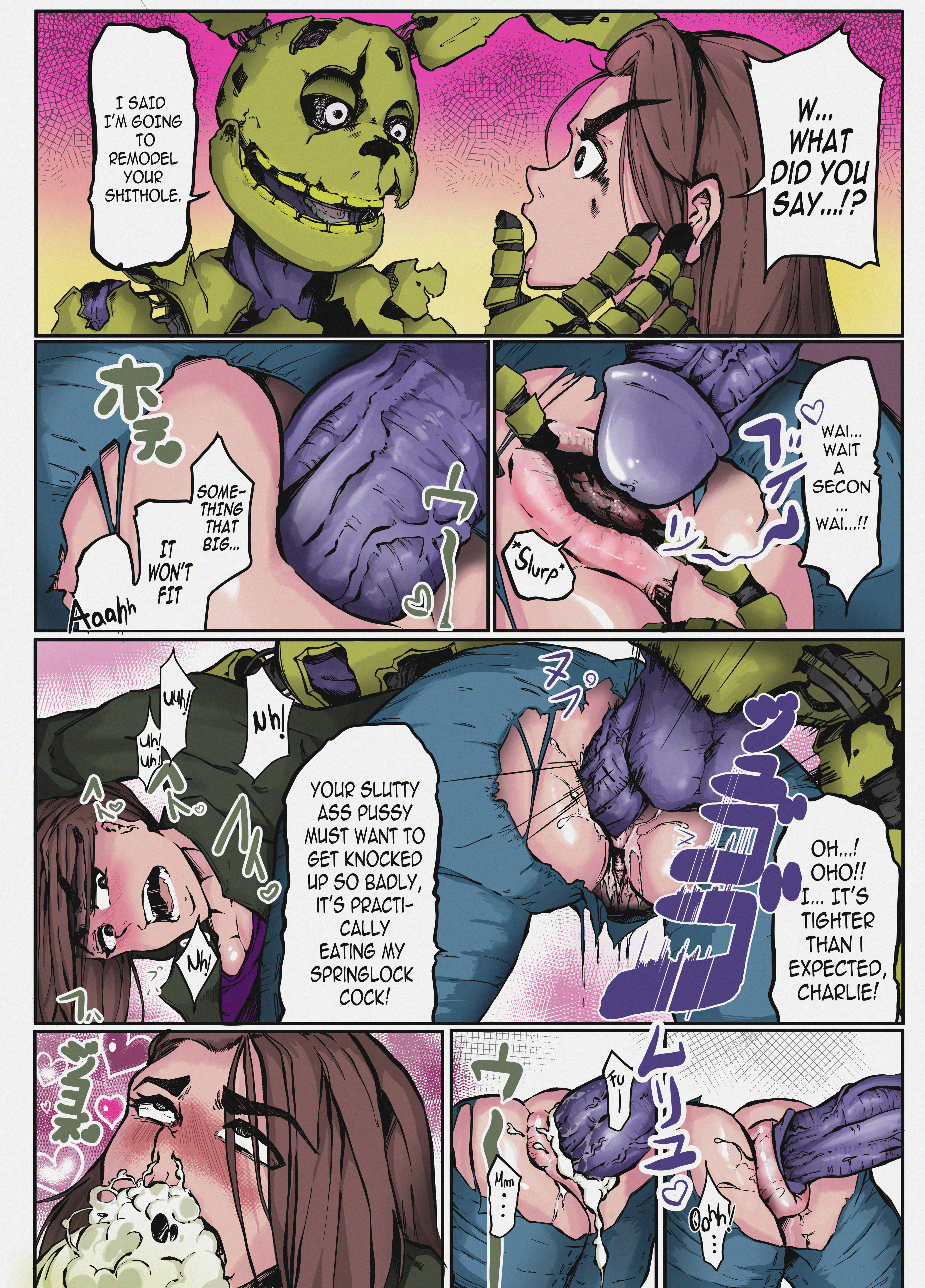 anal, anal grip, anal sex, anus, ass, blush, brown eyes, brown hair, charlie emily, charlotte emily, cum, cum in ass, cum in mouth, enjoying, female, five nights at freddy's, fnaf novels, forced, heart, imminent anal, male, open mouth, penis, purple penis, pussy, rape, ripped clothing, spread anus, springtrap, springtrap (fnaf), straight, tight anal, uncensored, v4ck0ff, vaginal juices