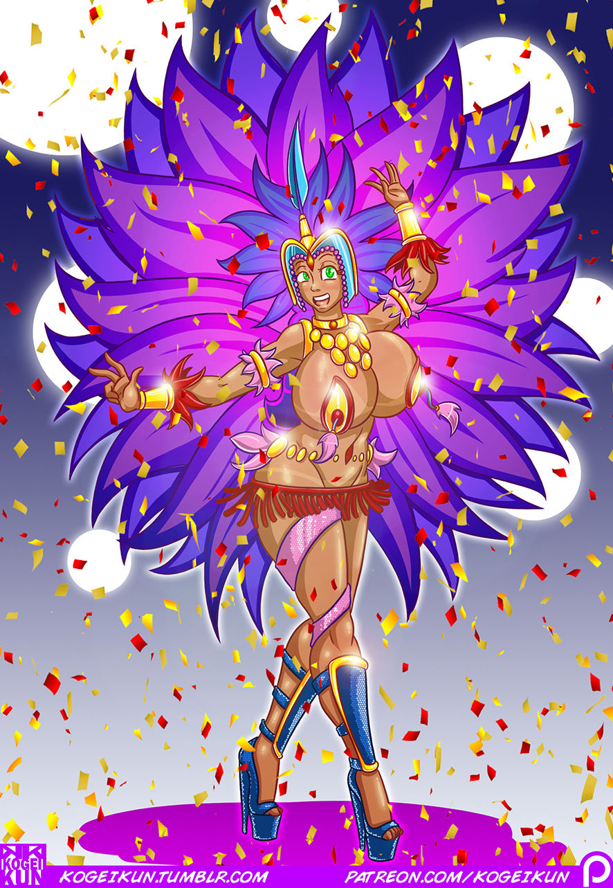 1girls big_breasts carnival feathers female female_only helmet high_heels hourglass_figure kogeikun nipple_attached_clothing open_toe_shoes skirt solo tan_skin thick_thighs wendolin wide_hips