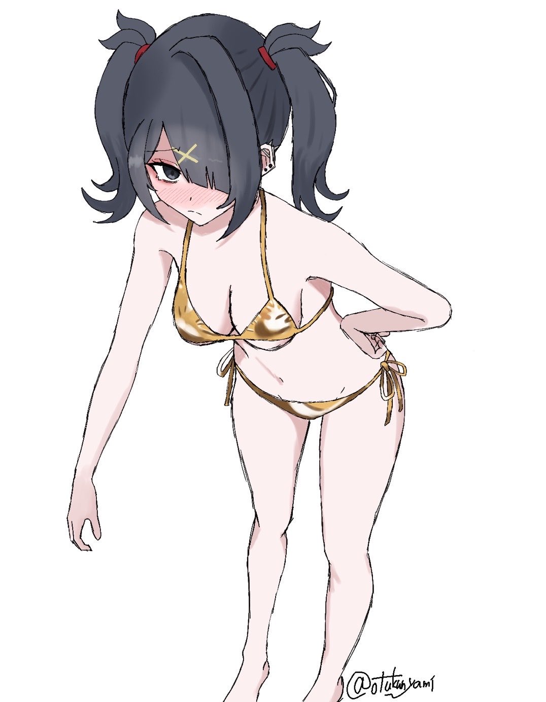 1girl, aegyo sal, ame-chan, barefoot, bikini, black eyes, black hair, breasts, cleavage, female, female only, from above, full body, gold bikini, hair ornament, hair over one eye, hand on own hip, highres, leaning forward, looking at viewer, navel, needy girl overdose, otukun yami, short twintails, sidelocks, solo, stomach, swimsuit, twintails, x hair ornament