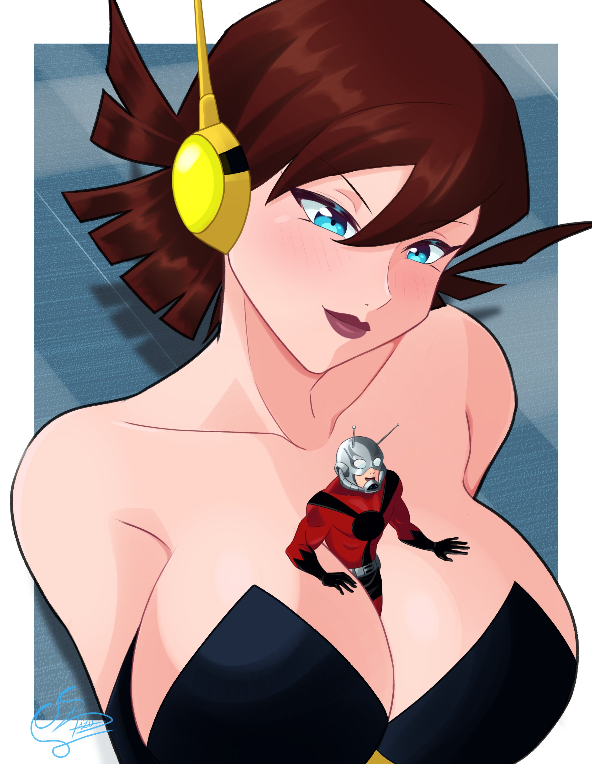 , 1boy, 1girls, alternate version at source, ant-man, ant-man (series), big breasts, breasts, cleavage, female, female focus, giantess, larger female, macro, male, marvel, micro, size difference, the dazu, wasp (earth's mightiest heroes), wasp (marvel)