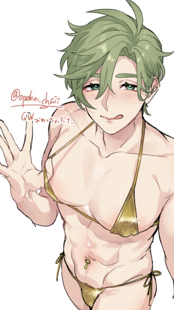 1boy, abs, artist name, big breasts, big chest, bikini, bishie sparkle, blush, bra pull, gay, gold bikini, green eyes, green hair, heart-shaped pupils, licking lips, looking at viewer, male only, navel piercing, nipple bulge, nu: carnival, olivine (nu: carnival), opeke chaii, piercing, solo, toned male, viewed from above, yaoi