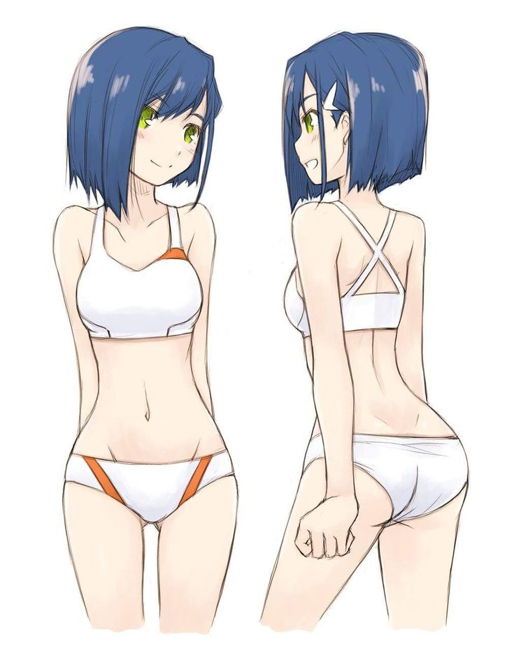 ass, bikini, blue hair, breasts, darling in the franxx, female, green eyes, grin, ichigo (darling in the franxx), legs, petite, short hair, slender, slender waist, small breasts, smile, thighs