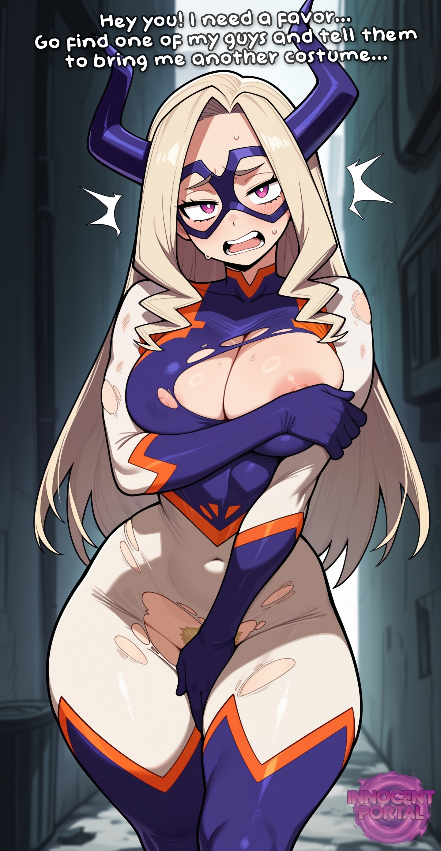 1girl, ai generated, alleyway, areola slip, big breasts, blonde, blonde pubic hair, blush, blushing, blushing at viewer, bodysuit, boku no hero academia, boku no hero academia (finale), boobs, breasts, busty, busty female, busty girl, cleavage, costume, covering, covering breasts, covering crotch, english, fanart, female, female focus, female only, horns, jorgecarlosai, long hair, mask, masked female, mount lady, mt lady, my hero academia, my hero academia (finale), navel, nervous, nipple slip, open mouth, pubic hair, public, public exposure, public humiliation, public indecency, purple eyes, sexy, sexy body, sexy female, speaking, speaking to viewer, superhero, superheroine, taut bodysuit, taut clothes, text, thighs, torn bodysuit, torn clothes, torn clothing, torn costume, watermark