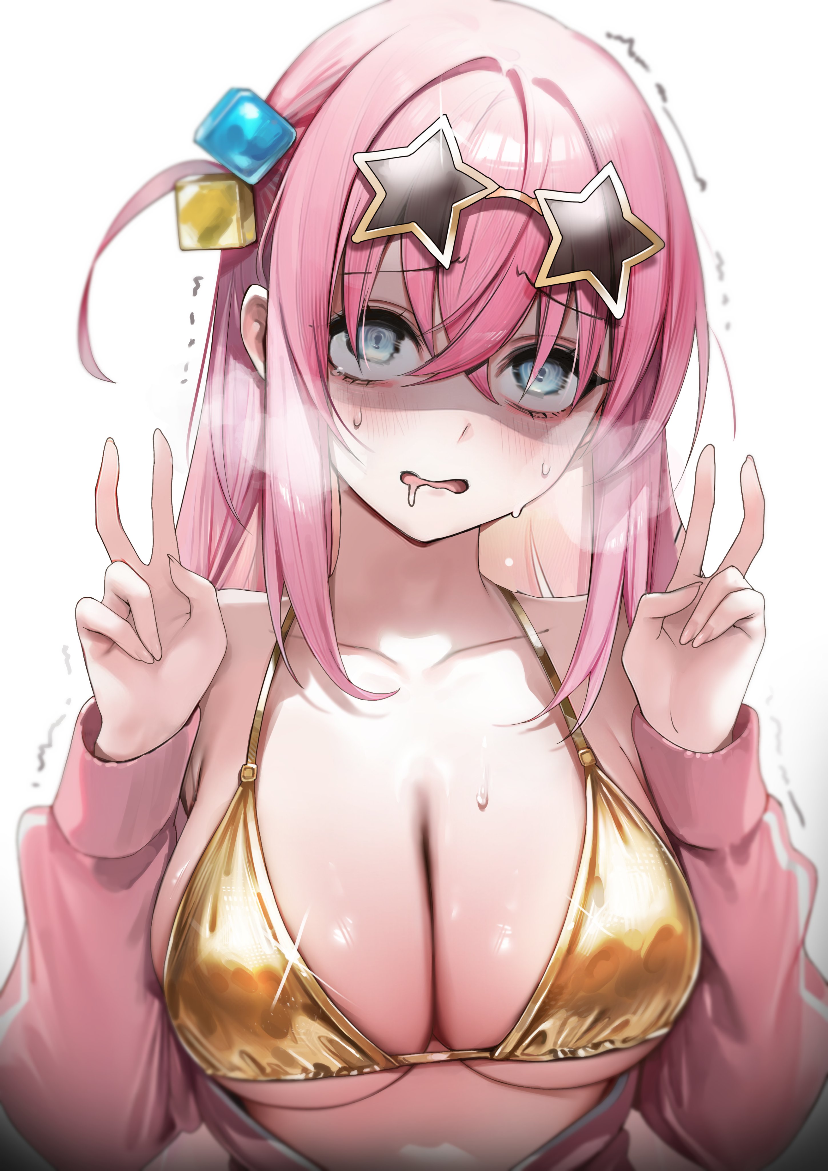 1girl, absurdres, bikini, bocchi the rock!, breasts, cleavage, commentary request, crossed bangs, cube hair ornament, dokuro deluxe, double v, drooling, gold bikini, gotoh hitori, gotou hitori, hair between eyes, hair ornament, highres, jacket, large breasts, long hair, long sleeves, mouth drool, one side up, open mouth, pink hair, pink jacket, simple background, solo, star (symbol), star-shaped eyewear, sweat, swimsuit, track jacket, trembling, upper body, v, white background, yellow-framed eyewear