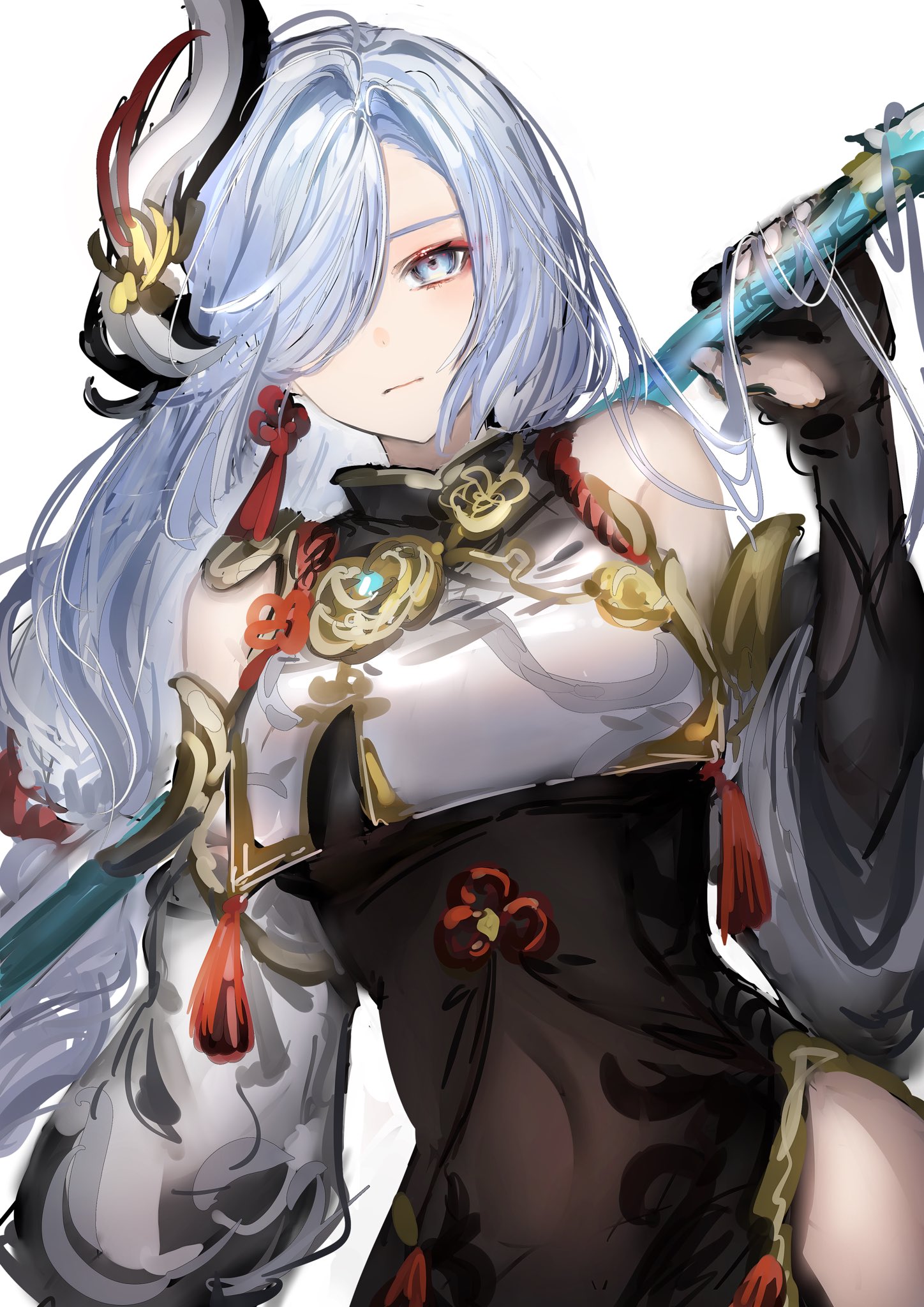 1girls, blue eyes, bodysuit, covered navel, female, genshin impact, hair over one eye, long hair, looking at viewer, nanaponi, polearm, shenhe (genshin impact), weapon, white hair