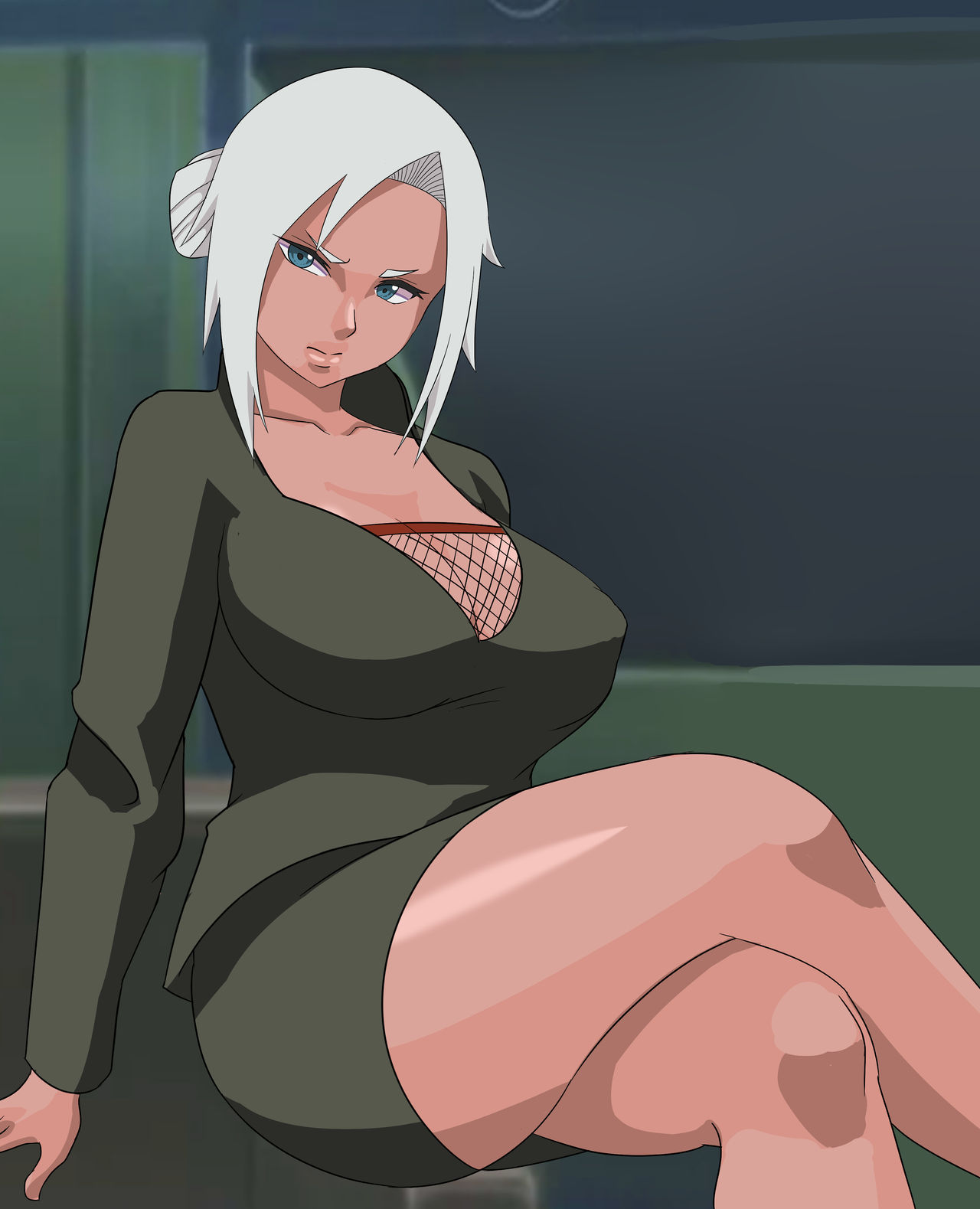 1girls, big breasts, breasts, center opening, cleavage, clothed female, crossed legs, d28d28, dark skin, dark-skinned female, dress, erect nipples, erection under clothes, female, female only, fishnets, fully clothed, hair bun, huge breasts, looking at viewer, mabui, mature, mature female, naruto, naruto (series), naruto shippuden, nipples, no bra, silver hair, sitting, solo, solo focus, thick thighs, tied hair