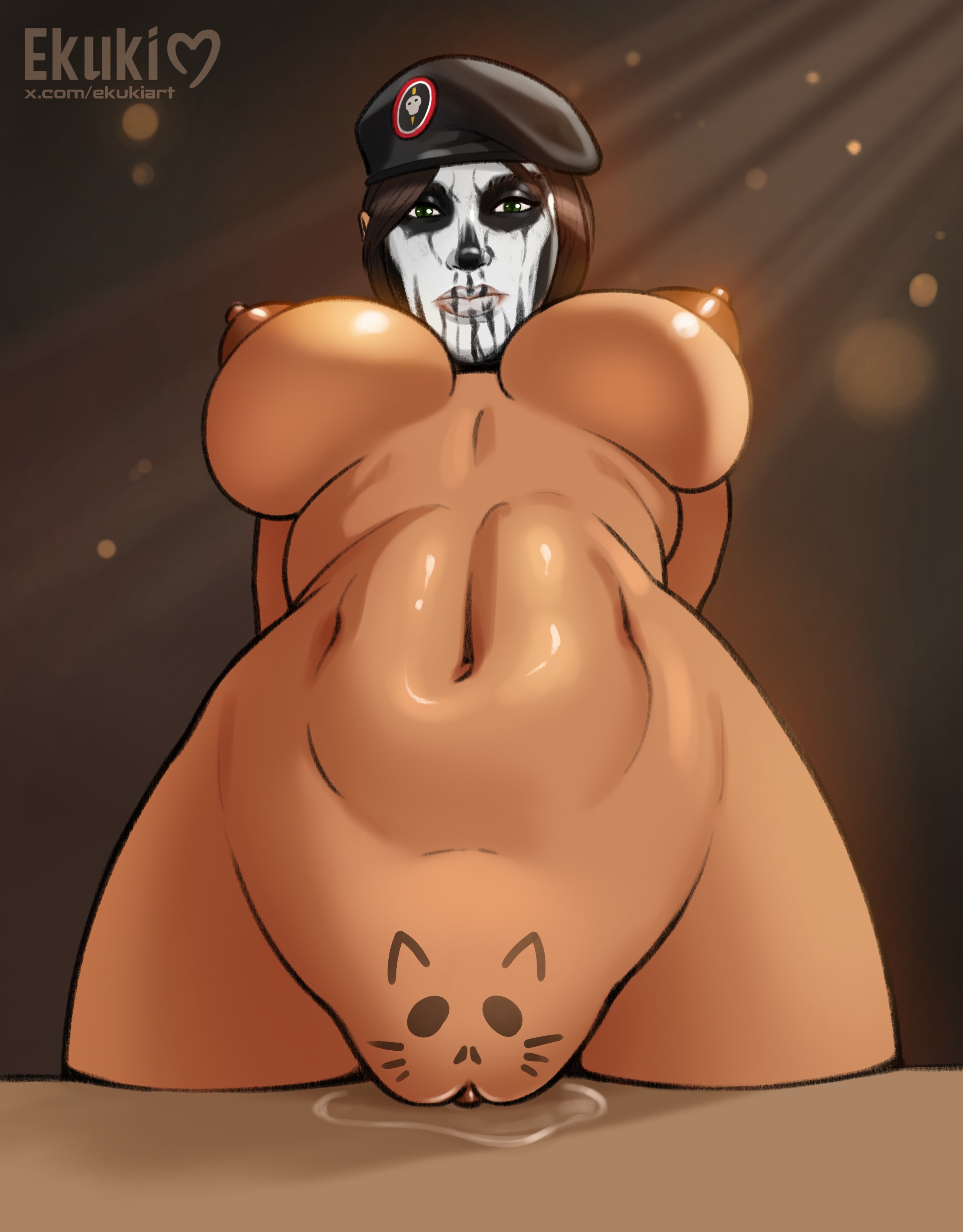 1girls, big breasts, body writing, breasts, caveira (rainbow six), dark skin, dark-skinned female, do you want to pet my cat (meme), ekuki, facepaint, female, female only, latina, markings, meme, nipples, pussy, pussy juice, rainbow six, rainbow six siege, solo, ubisoft