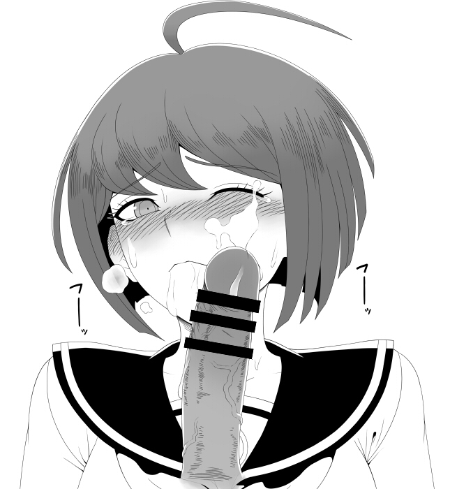 1boy, 1girls, after oral, big penis, black and white, censor bar, censored, censored penis, cum, cum on face, danganronpa, danganronpa ultra despair girls, female, heavy blush, male, monochrome, naegi komaru, oral, penis, penis on face, school uniform, smooth skin, veiny penis