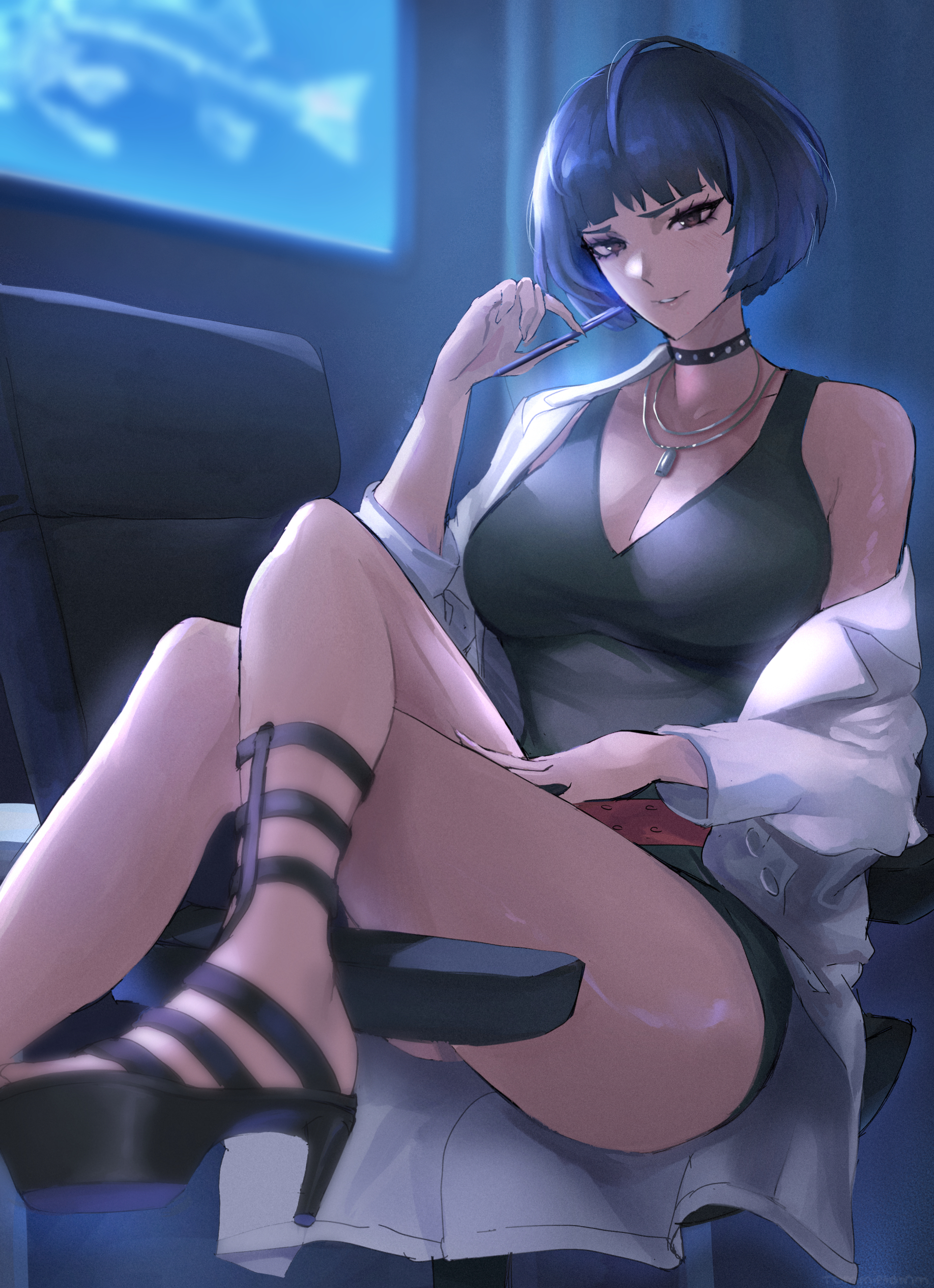 1girl, absurdres, belt, black dress, blue hair, breasts, brown eyes, chair, cleavage, crossed legs, dress, foot out of frame, high heels, highres, holding, holding pen, jewelry, lab coat, large breasts, necklace, office chair, parted lips, pen, persona, persona 5, red belt, short dress, short hair, solo, studded choker, swivel chair, tae takemi, takemi tae, thighs, tommy (kingdukeee)