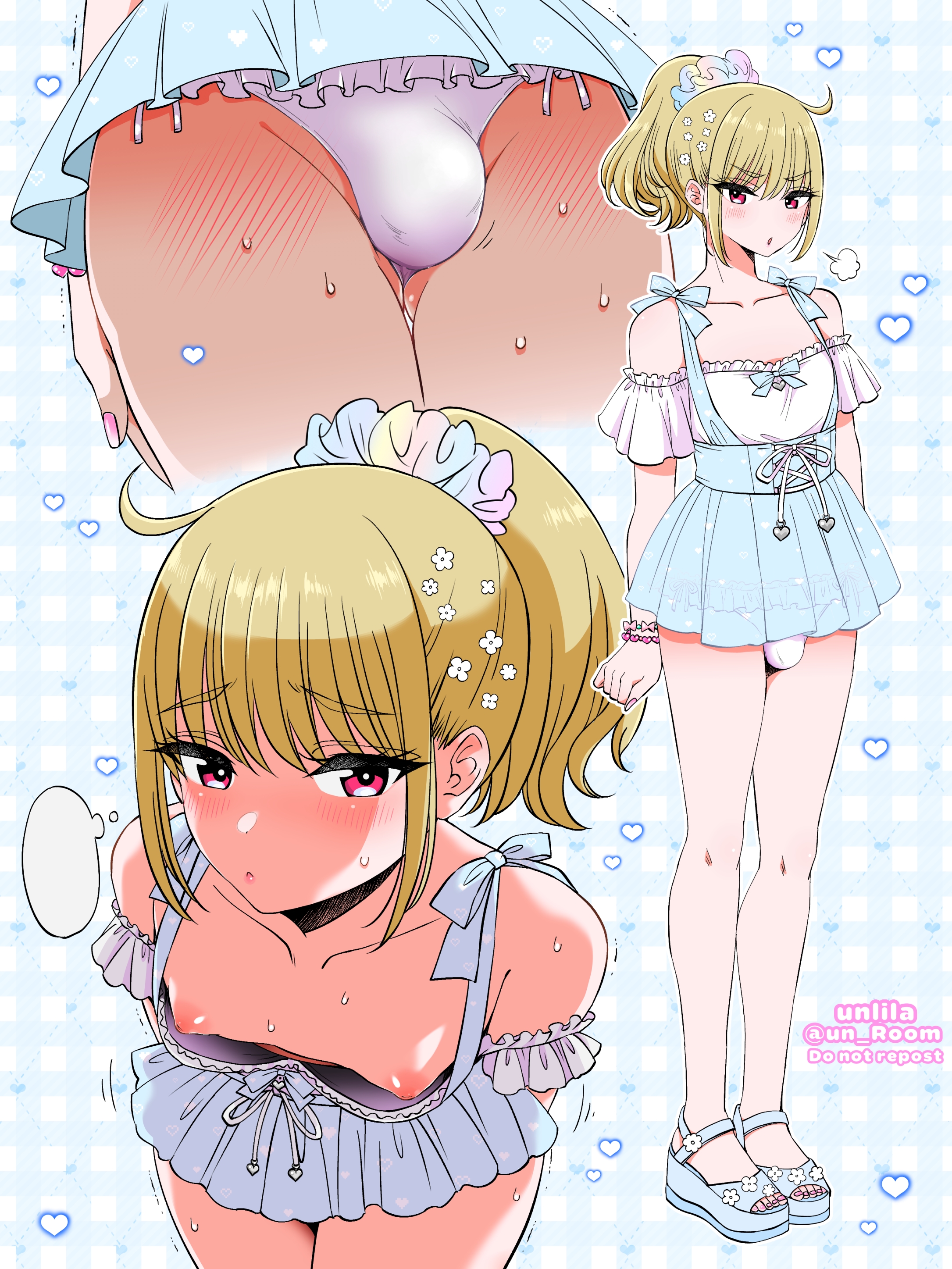 :o, 1boy, androgynous, ankle strap heels, arms behind back, bare shoulders, below view, bent over, blonde hair, blue skirt, blush lines, bow panties, bracelet, bracelets, bulge, bulge through clothing, collarbone, cowboy shot, crossdressing, dress, ears, embarrassed, eyebrows visible through hair, femboy, feminine male, fingernails, flower, flower in hair, footwear fetish, frilled dress, frilled panties, girly, groin, hair ornament, hands behind back, heart symbol, inverted nipples, japanese text, looking at viewer, looking sideways, loose dress, male, male focus, male only, medium hair, miniskirt, multiple views, nagano rira, nail polish, nipples, original, panties, pattern dress, pleated skirt, ponytail, portrait, red eyes, scrunchie, shadow, shoes, short sleeves, sidelocks, simple background, solo, solo male, standing, striped background, sweat, sweatdrop, toenail polish, toenails, tsundere, twitter username, under skirt view, underwear, username, very high resolution, viewed from above, wedge heels, white background, white panties, white underwear, wispy bangs, zoom layer