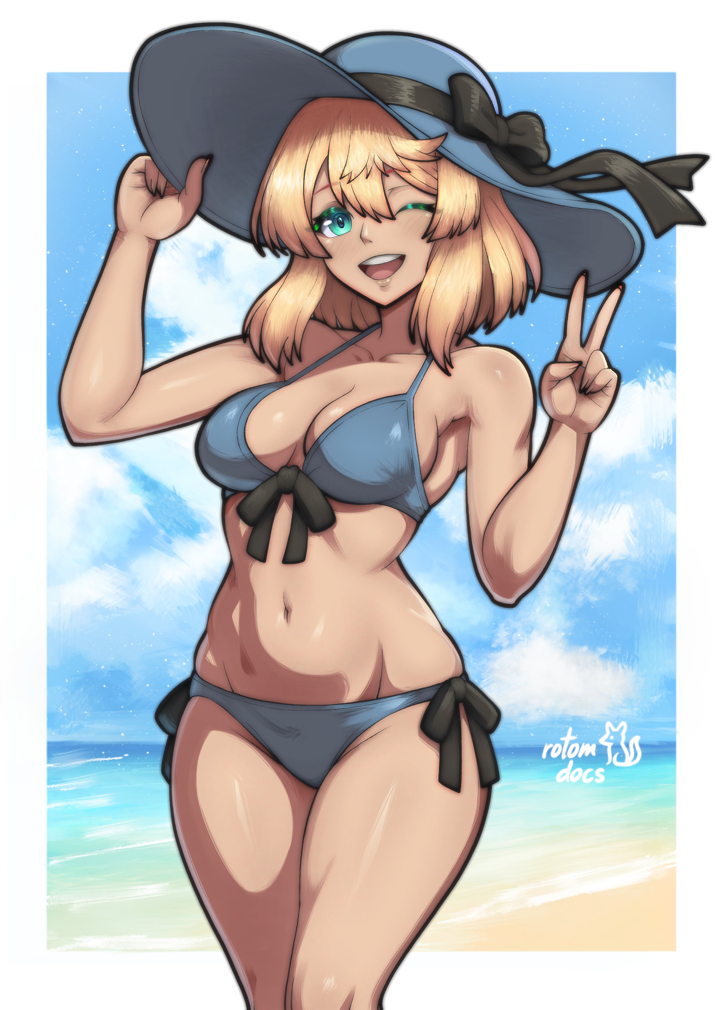 1girls, absurdres, artist name, beach, bikini, blonde female, blonde hair, blonde hair female, blonde-haired female, blue bikini, blue hat, blue sky, breasts, bridget, bridget (guilty gear), cloud, commentary, commission, cowboy shot, english commentary, female, female only, front-tie bikini top, front-tie top, green eyes, guilty gear, hair between eyes, hand on headwear, hands up, hat, highres, ko-fi commission, light blush, light skin, light-skinned female, medium breasts, nail polish, navel, one eye closed, open mouth, rotomdocs, rule 63, side-tie bikini bottom, sidelocks, signature, sky, smile, solo, stomach, sun hat, swimsuit, teeth, trans, trans woman, transfem, upper teeth only, v, wide brim