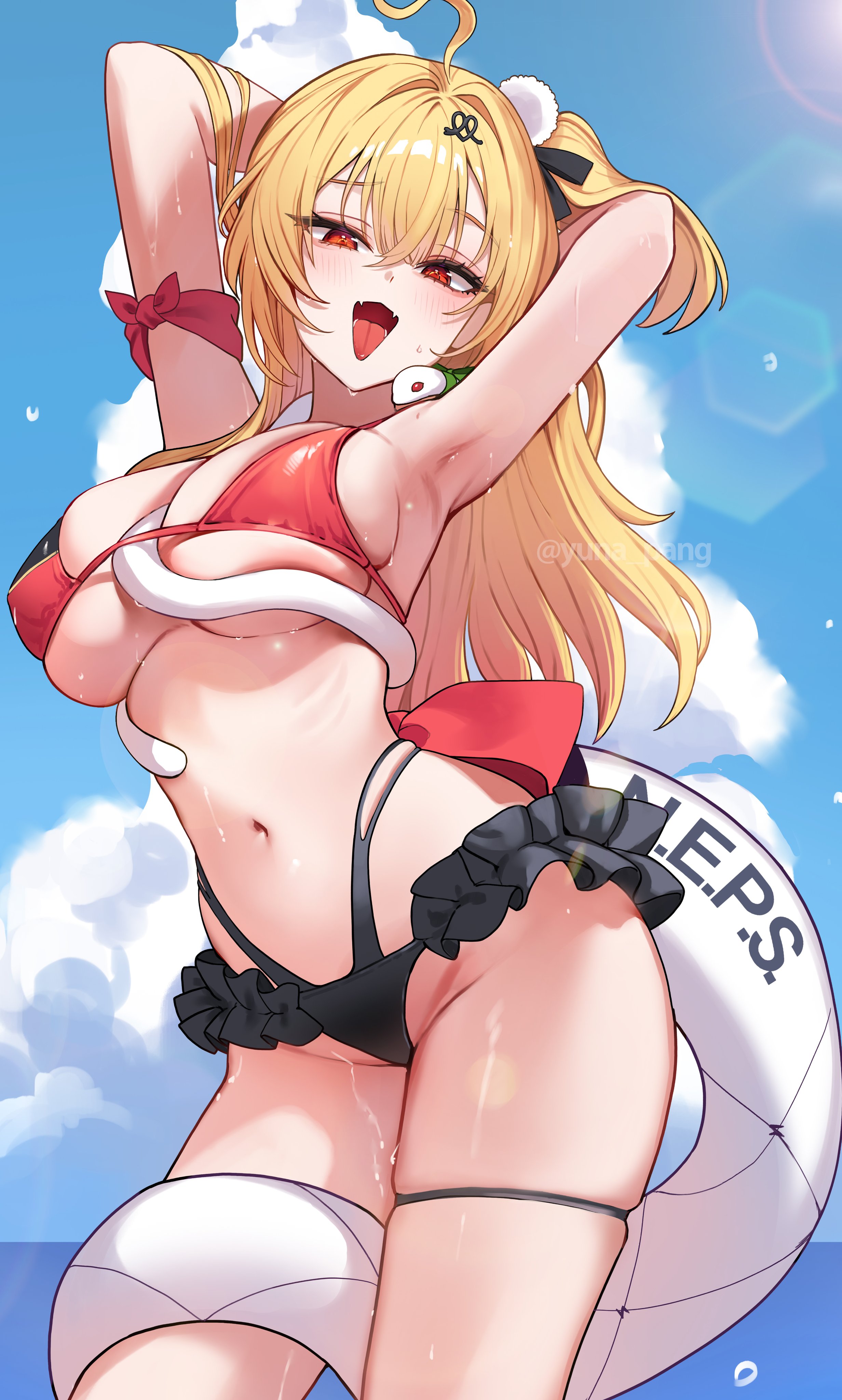 1girl, absurdres, alternate costume, armpits, bikini, black bikini, blonde hair, blue sky, breasts, chalky (zenless zone zero), cissia (zenless zone zero), commentary request, day, fangs, highres, large breasts, looking at viewer, navel, open mouth, red bikini, red eyes, sky, snake, snake girl, snake tail, solo, stomach, swimsuit, tail, tongue, tongue out, wading, white snake, white tail, yuna (deadawon), zenless zone zero