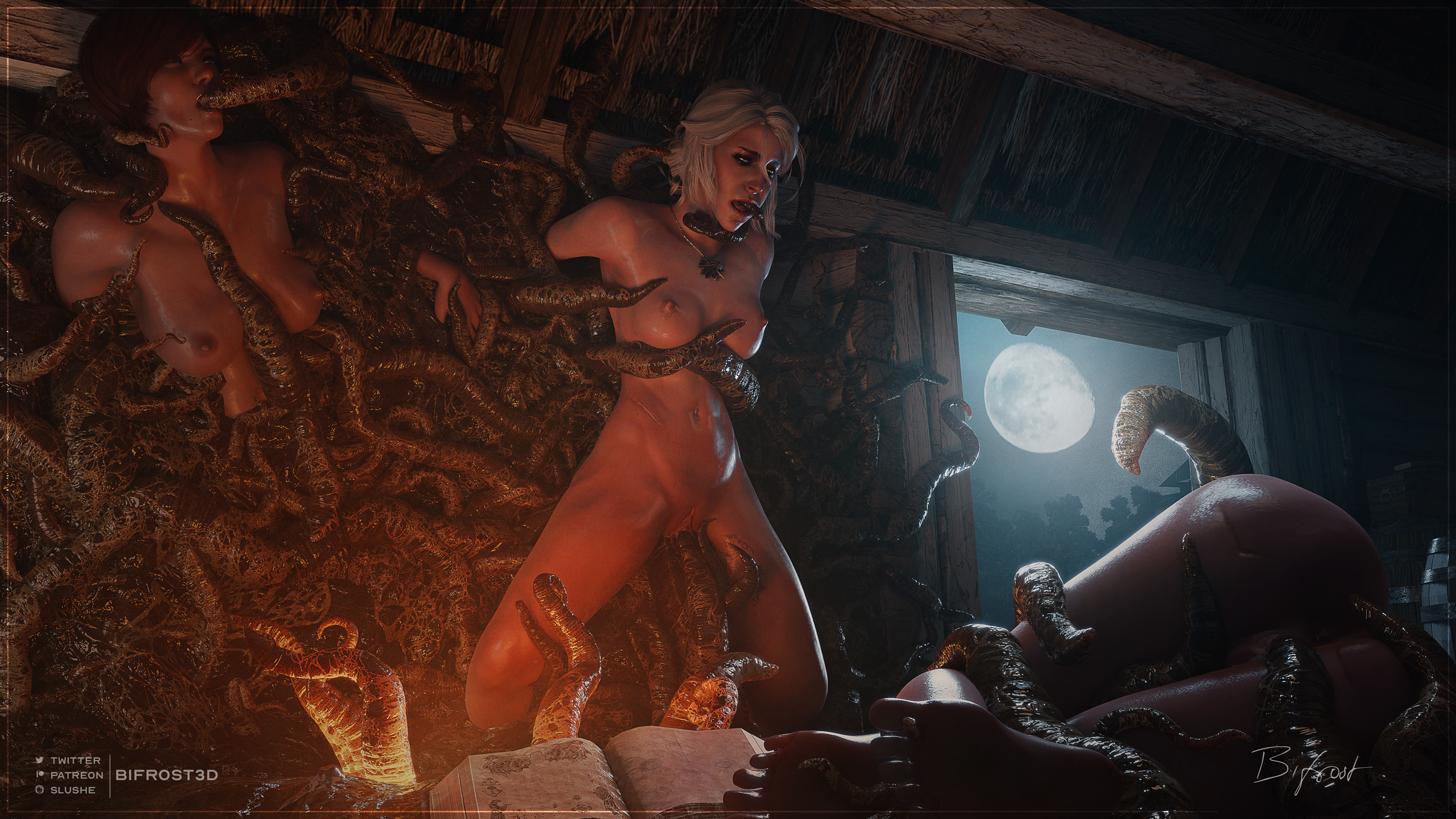 1monster, 3d, 3girls, anus, ass, bifrost3d, breasts, captured, captured female, captured heroine, cd projekt red, ciri, completely nude, female, freckles, green eyes, interspecies, light skin, light-skinned female, mascara, monster, monster on female, night, nipples, nude, penetration, pussy, rape, raped by monster, red hair, scar, sex, shani, shaved pussy, short hair, tattoo, tentacle in mouth, tentacle sex, tentacles, the witcher (series), the witcher 3: wild hunt, triss merigold, vaginal penetration, white hair, witcher medallion
