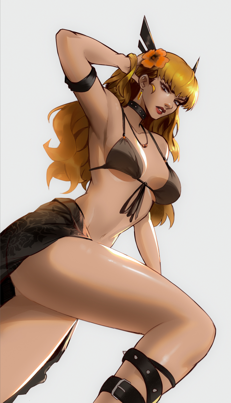 1girl, 2d, armpits, ass, bikini, blonde hair, blue eyes, breasts, flower, highres, long hair, looking at viewer, magik (illyana rasputin), magik (marvel rivals), marvel, marvel rivals, navel, solo, swimsuit, tommy (kingdukeee), x-men