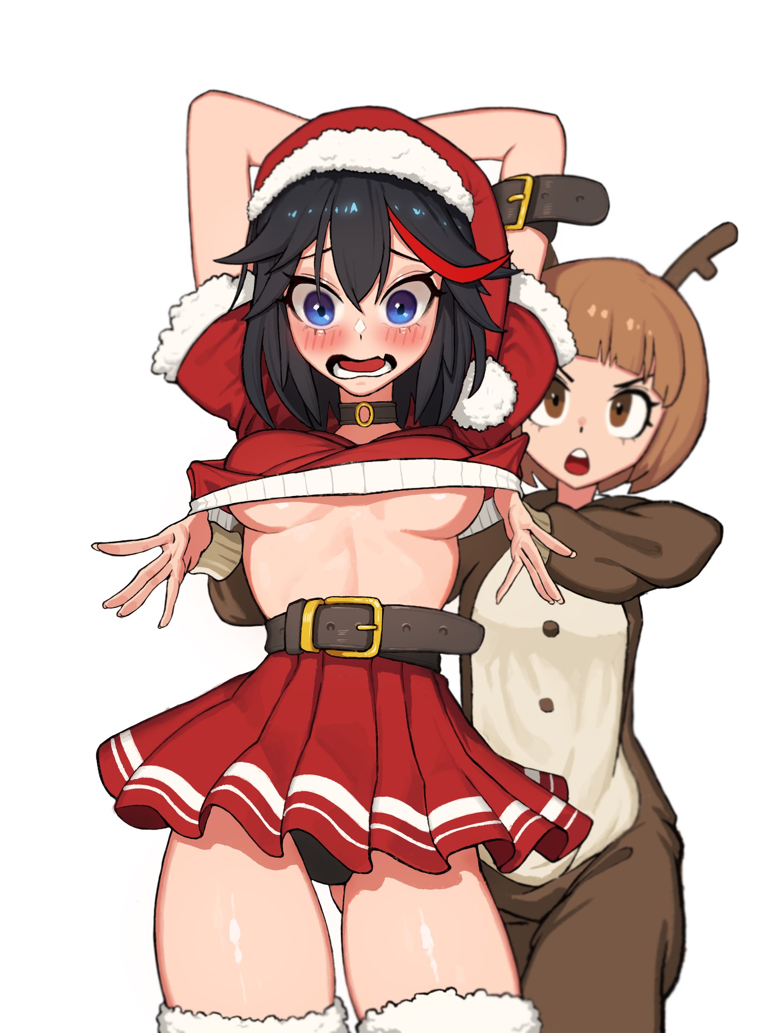 2girls, absolute territory, arms behind head, arms up, belt, black hair, black panties, blue eyes, blush, bob cut, bowl cut, breasts, breasts exposed, brown eyes, brown hair, choker, christmas, christmas outfit, cute, determined, embarrassed, female, female only, flashing, flashing breasts, friends, front view, heavy blush, hellk111, hourglass figure, kill la kill, light skin, light-skinned female, looking at own breasts, mankanshoku mako, matoi ryuuko, multiple females, multiple girls, no bra, open mouth, panties, partially clothed, perky breasts, plain background, raised arms, red hair, red highlights, reindeer costume, santa costume, santa hat, shirt lift, shirt pull, shirt up, shocked, short hair, short skirt, skirt, standing, striptease, teenager, thick thighs, thigh gap, thighs, tomboy, two-tone hair, underboob, undressing another, white background, worried, yuri, zettai ryouiki