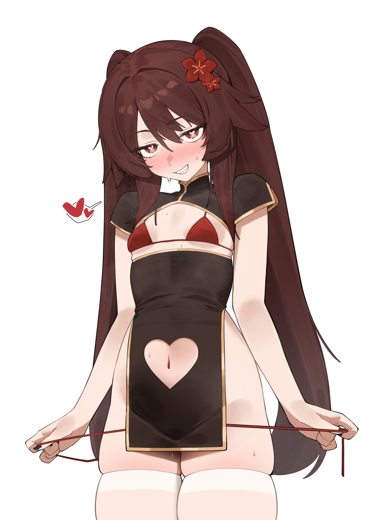 1girls, breasts, female, female focus, female only, flasso, genshin impact, hu tao (genshin impact), light skin, light-skinned female, looking at viewer, small breasts, solo, thick thighs, thighhighs, thighs, twintails, white background