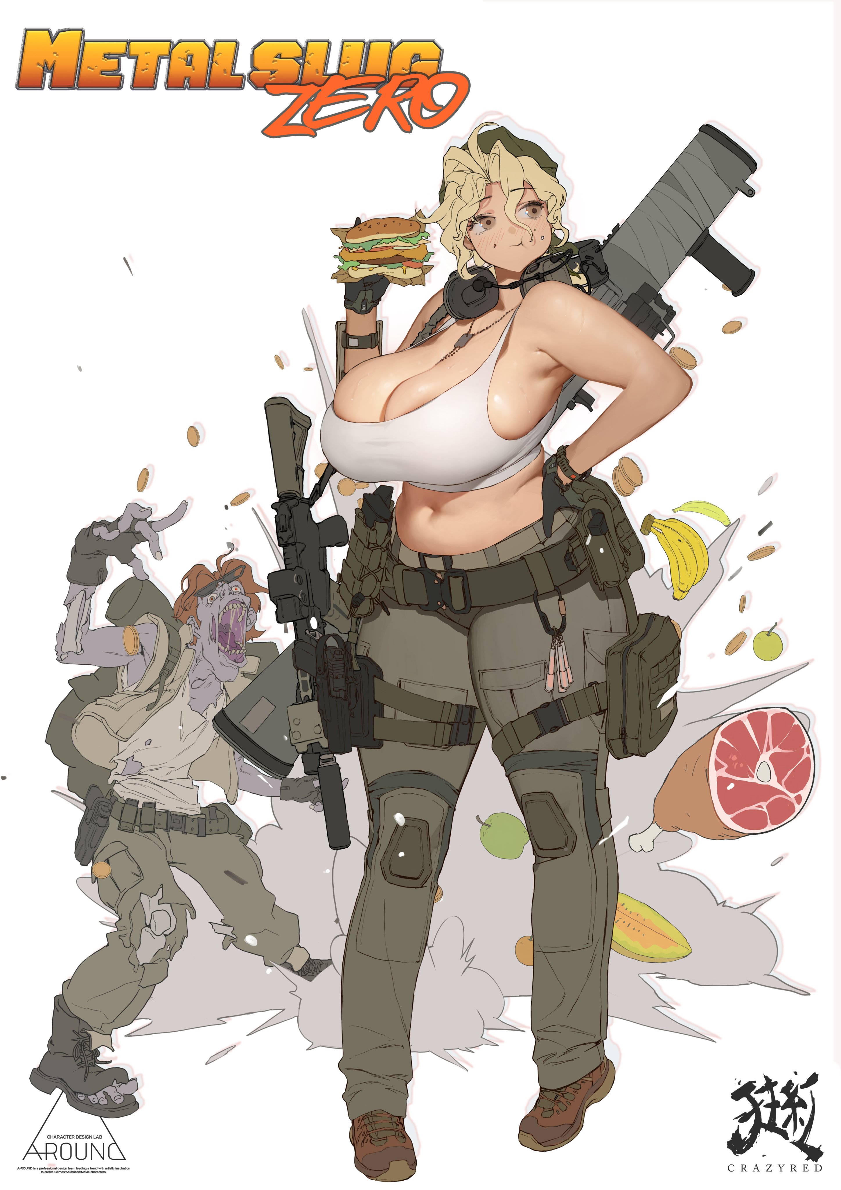 1boy, 1girls, blonde hair, breasts, clothed, clothed female, clothing, crazyred, eating, eri kasamoto, female, hamburger, huge breasts, metal slug, military uniform, no nudity, pinup, slightly chubby, tagme, tank top, zombie
