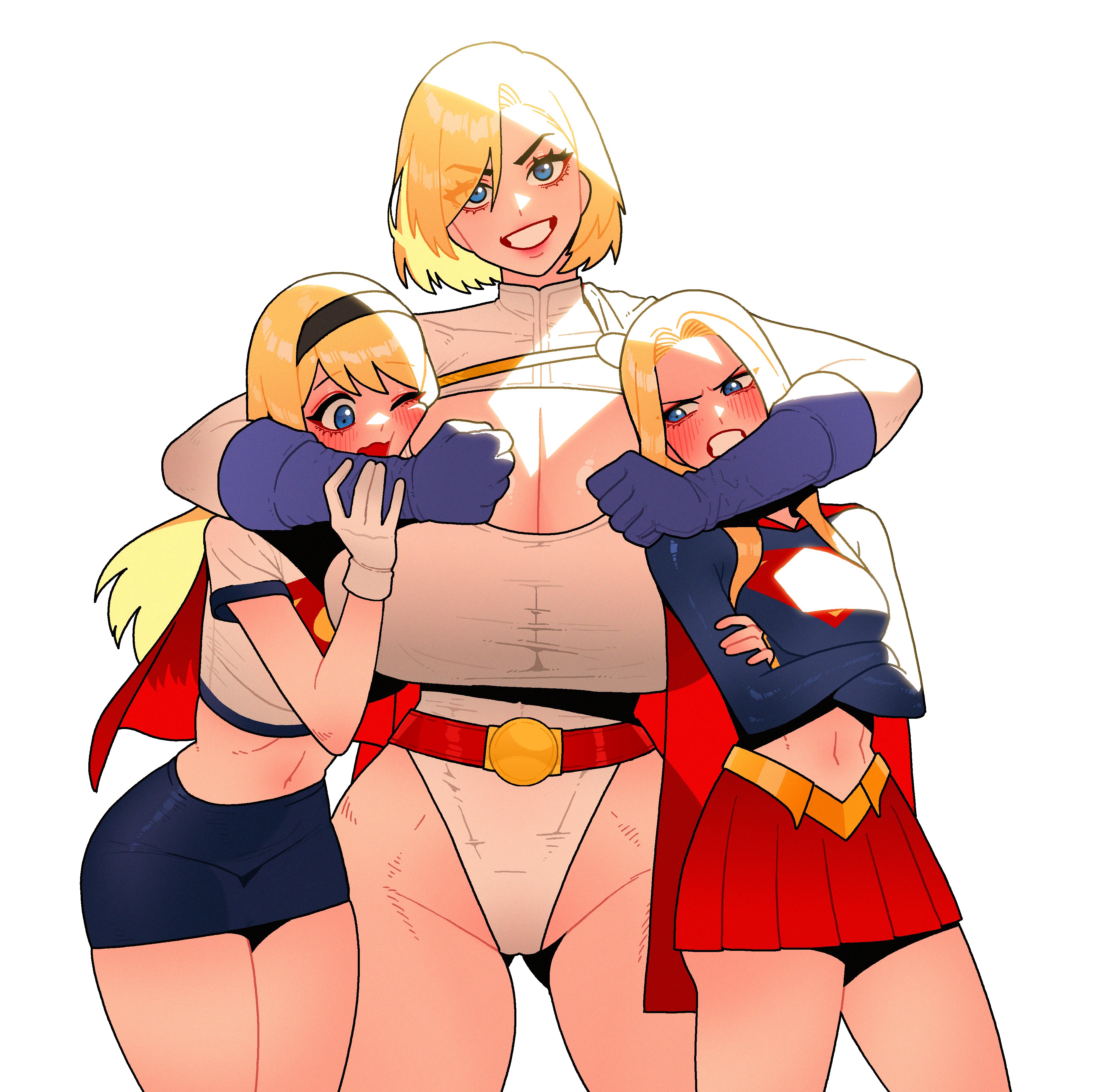 3girls, big breasts, blonde hair, blue eyes, boobs, cleavage cutout, clothing cutout, dc, dc comics, female, female only, huge breasts, justice league unlimited, large breasts, miniskirt, power girl, skirt, smile, smiling at viewer, supergirl, supergirl (dcau), superheroine, superman (series), tight clothing, wolyoil