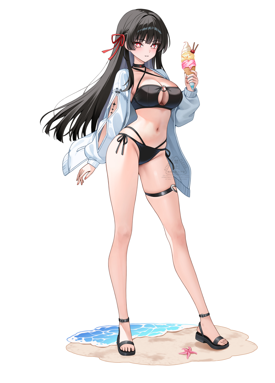 1girls, bikini, black bikini, black hair, black swimsuit, breasts, breasts out, chisa (wuthering waves), exposed breasts, female, long hair, medium breasts, red eyes, ssong2, swimsuit, wuthering waves