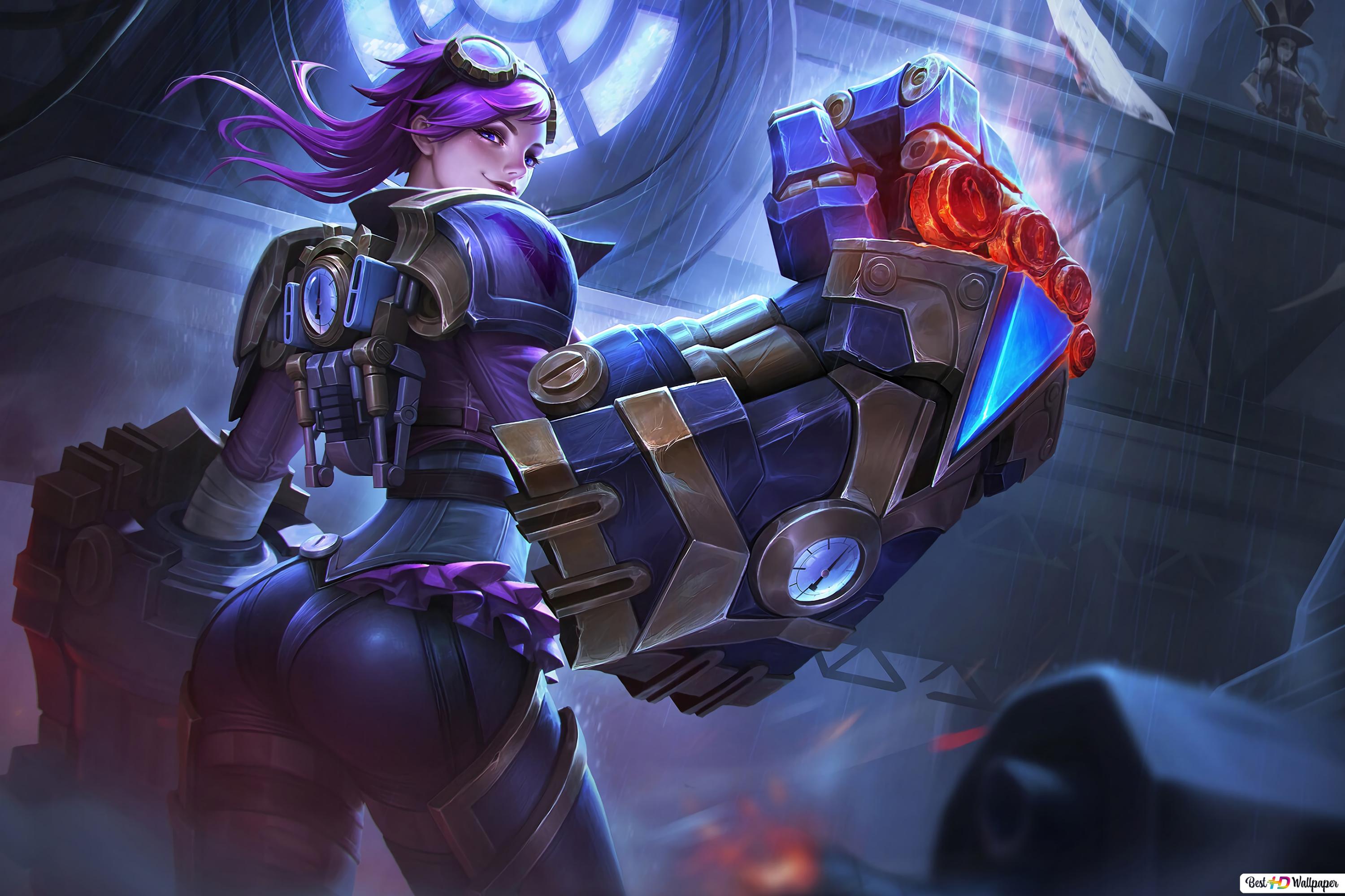 armor, artist request, ass, big ass, corset, female, gauntlets, huge ass, large ass, league of legends, looking at viewer, looking back, pink hair, purple eyes, realistic, tight clothing, unknown artist, vi, wide hips