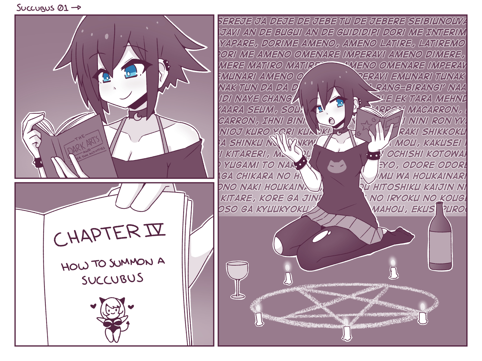 1girls, blue eyes, bottle, choker, clothing, comic, english text, female, female only, inksgirls, miniskirt, monochrome, page 1, pentagram, skirt, solo, solo female, summoning circle, torn legwear