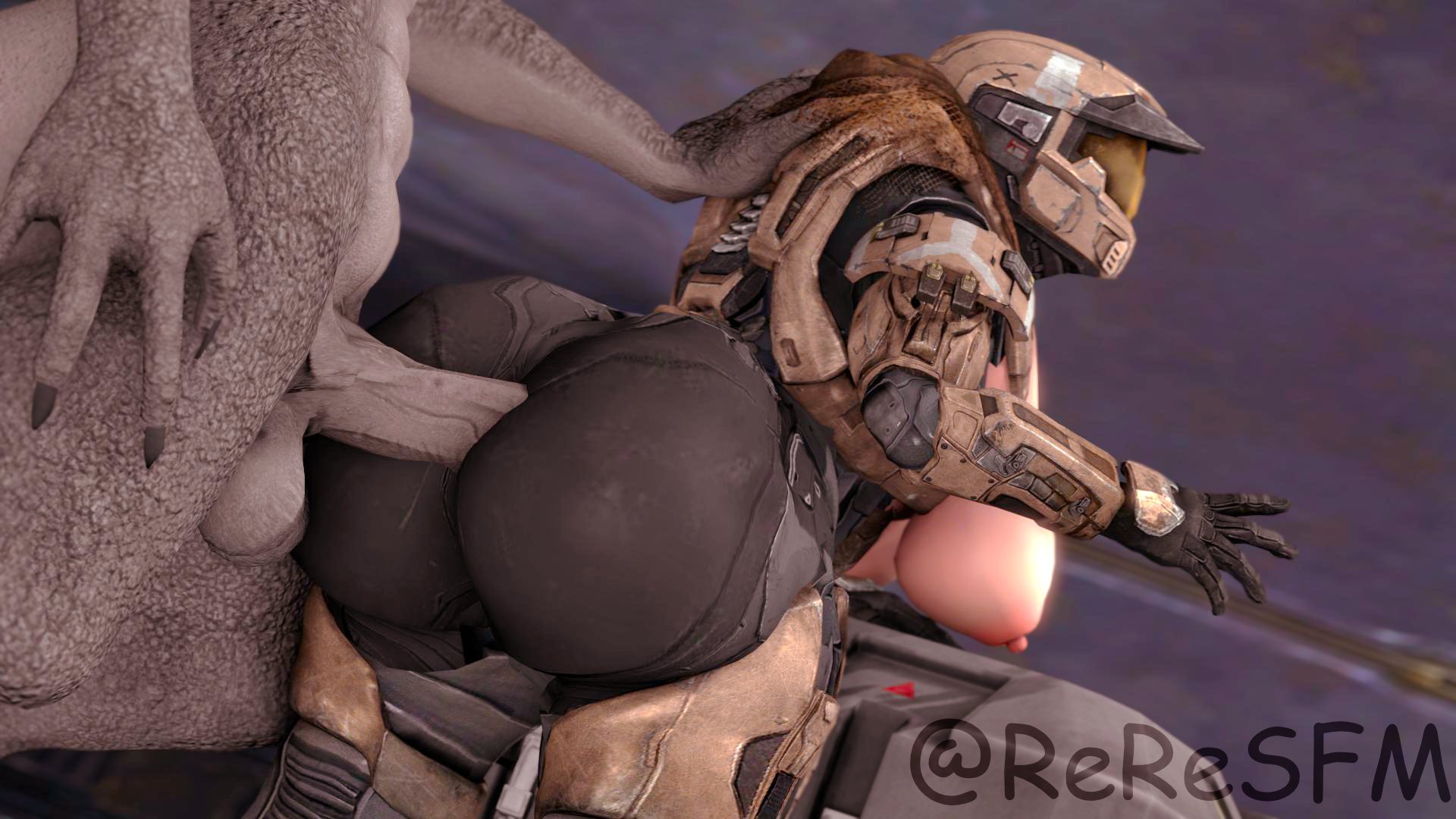 1boy, 1girls, 3d, alien, alien/human, armor, ass, big ass, big breasts, big penis, breasts, exposed breasts, female, female human, female spartan (halo), forced in fabric, halo (series), hand on back, helmet, human, interspecies, male, male sangheili (halo), nisha (reresfm), penetration through clothes, penis, questionable consent, reresfm, sangheili, sex through clothes, spartan (halo), straight