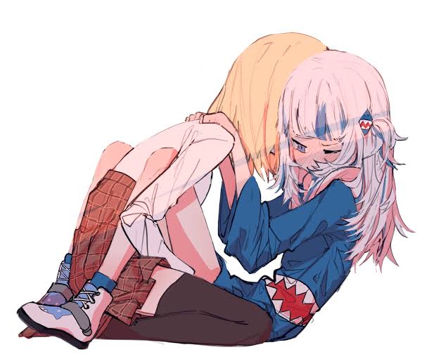 artist request, blonde hair, blue eyes, female, fingering, gawr gura, hololive, hololive english, hololive myth, legs, petite, skirt, virtual youtuber, watson amelia, white hair, yuri