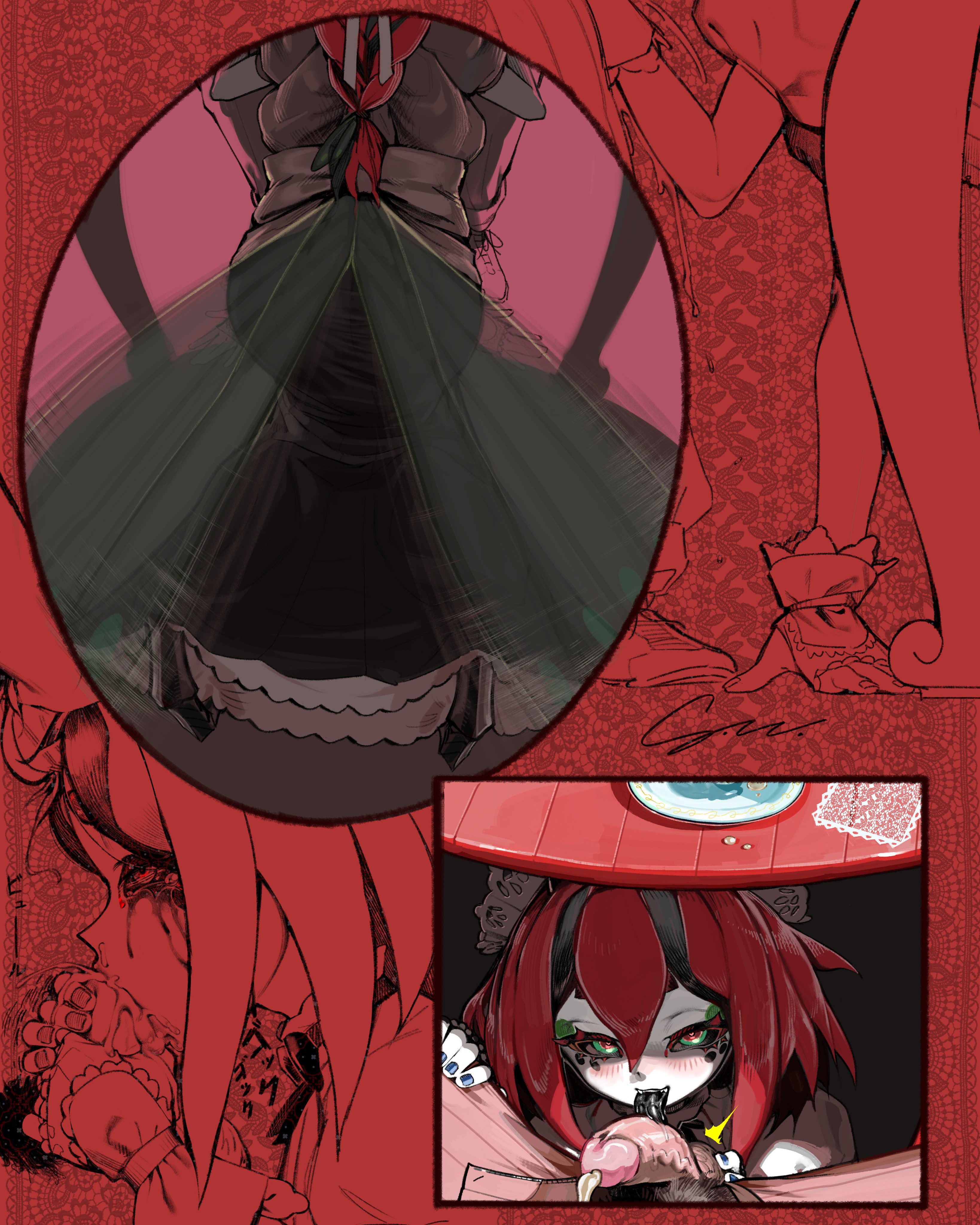 1boy, 1girl, absurdres, antennae, arthropod girl, arthropod limbs, ass, beastiez, beri (beribug), beribug, black dress, black hair, black sclera, black tongue, blowjob, blue nails, braid, braided ponytail, bug girl, colored sclera, colored skin, cum, cum in mouth, deepthroat, dress, extra arms, fellatio, fingerless gloves, gloves, green eyes, grey skin, hair between eyes, highres, indie virtual youtuber, insect wings, ladybug girl, ladybug wings, licking, licking penis, looking at viewer, maid, maid headdress, medium hair, monster girl, multicolored eyes, multicolored hair, oral, penis, plate, red background, red eyes, red hair, sedua weynn, stealth fellatio, stealth sex, under table, virtual youtuber, wings