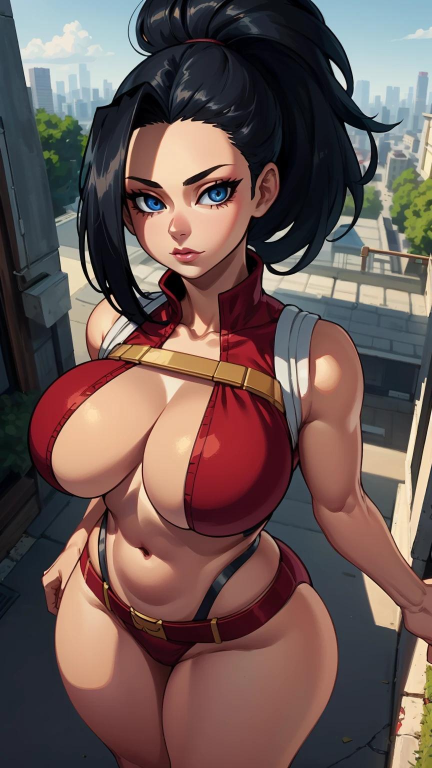 1girls ai_generated artist_request athletic athletic_female big_breasts blue_eyes boku_no_hero_academia exhibitionism exhibitionist female_only hero_outfit_(mha) heroine hips momo_yaoyorozu my_hero_academia neckline solo suggestive suggestive_pose thong thong_underwear visible_underwear voluptuous voluptuous_female