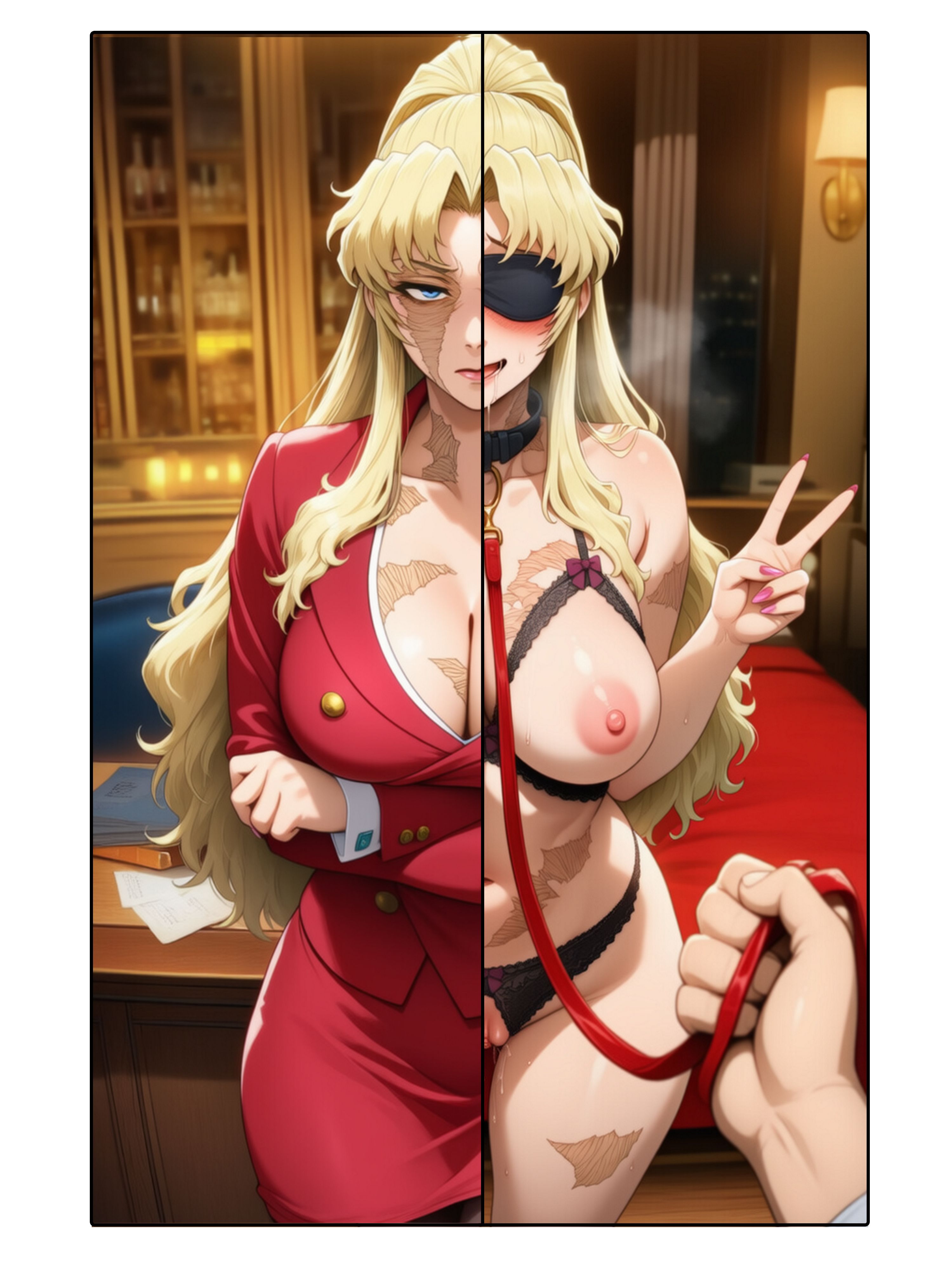 ahegao, ai generated, balalaika, before and after, big breasts, black lagoon, blindfold, blonde hair, blush, crotchless, cupless bra, defeated, defeated villainess, drooling, juxtaposition, leash, leash and collar, leash pull, mature female, milf, mommy, older female, peace sign, pussy juice, slave, steamy breath, submissive female, sweat, tamed, wet pussy