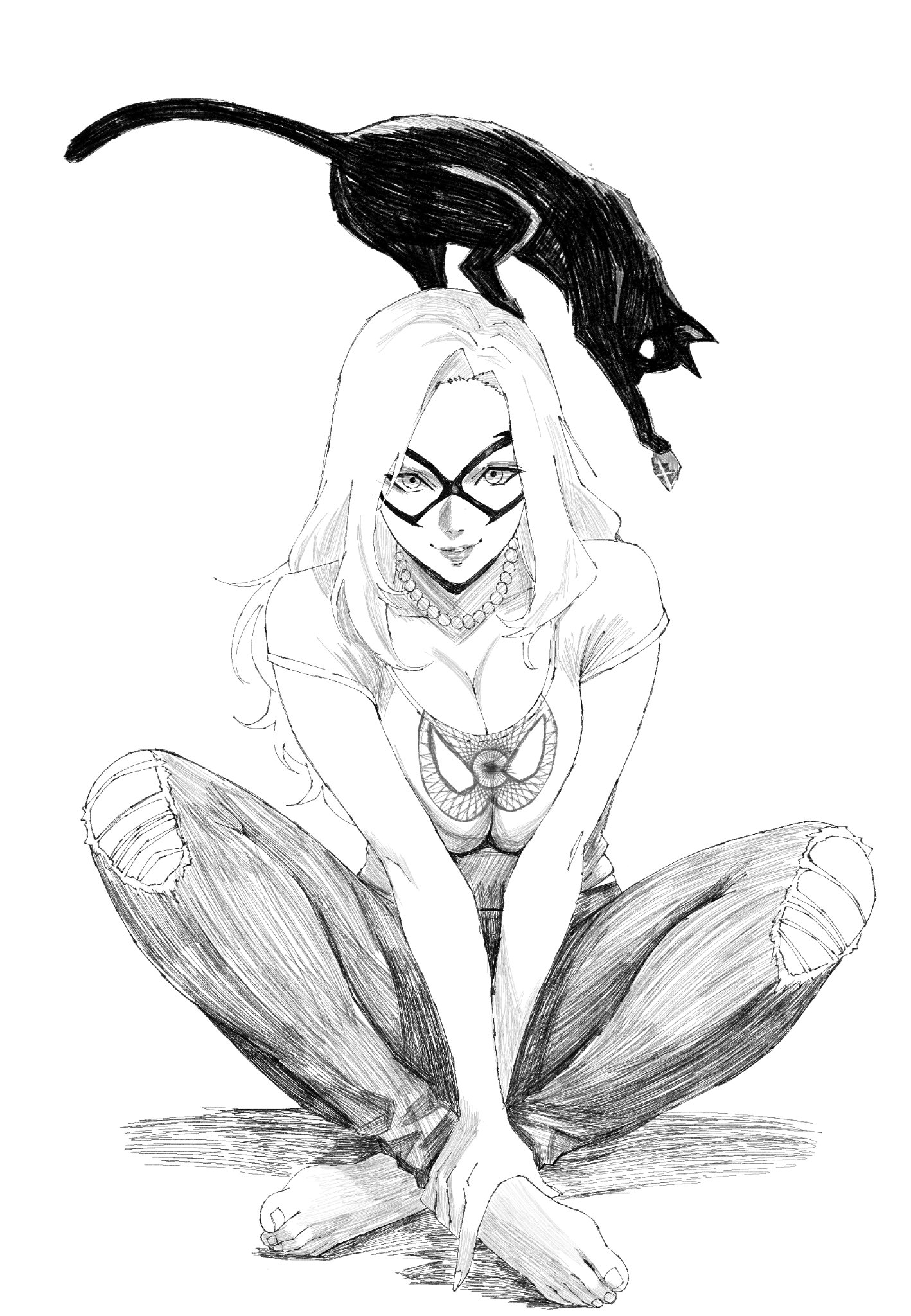 1girls, 2026, 2d, big breasts, black and white, black cat (marvel), breasts, cat on head, cleavage, clothed, clothing, felicia hardy, female, female only, front view, hex mamaniac, large breasts, lineart, long hair, looking at viewer, marvel, necklace, sitting cross legged, sketch, solid color background, solo, solo female, spider-man (series), white background