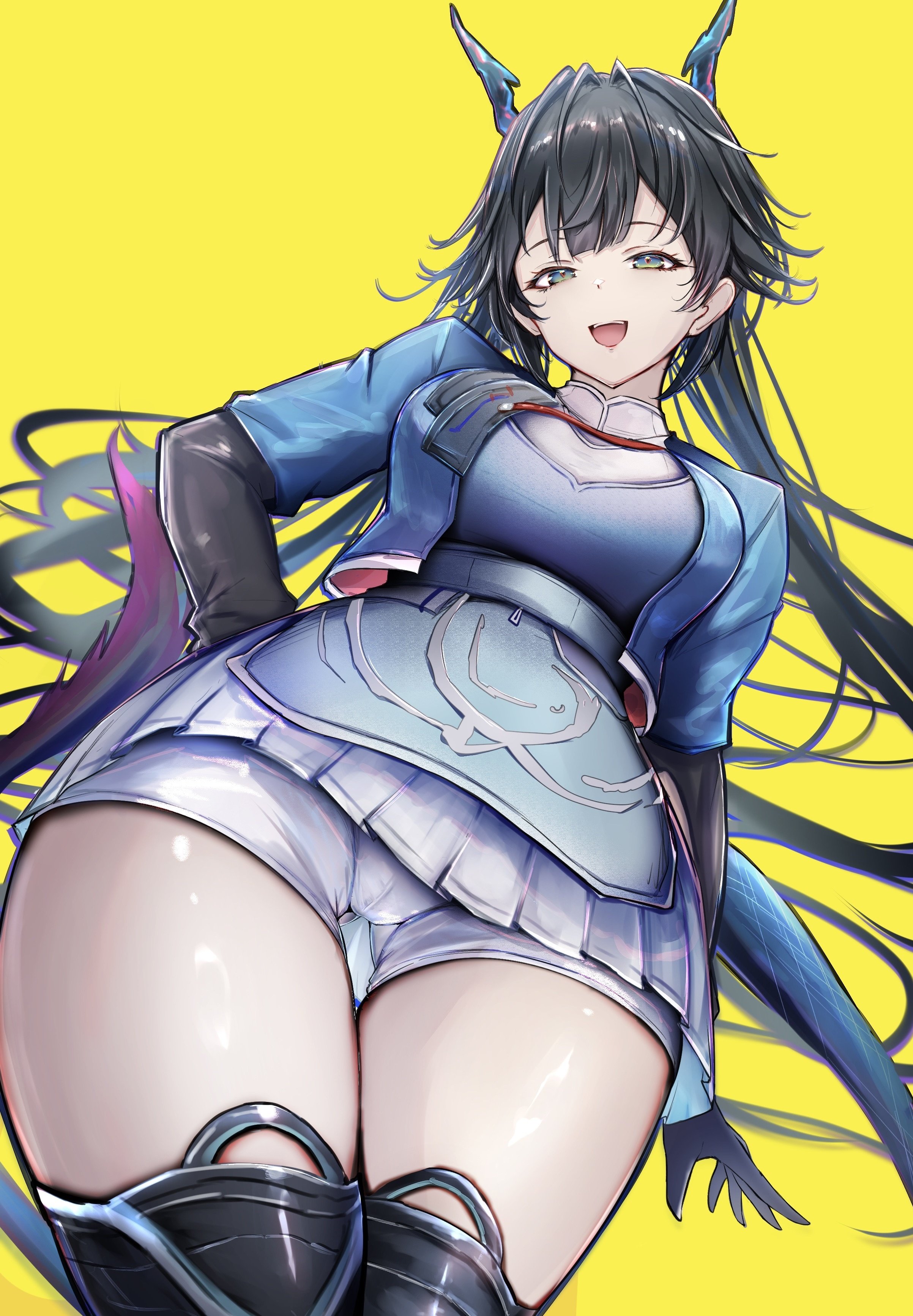 1girl, absurdres, arknights, arknights: endfield, black gloves, black hair, blue horns, blue jacket, breasts, chen qianyu (arknights: endfield), cowboy shot, dragon girl, dragon horns, dragon tail, eastern dragon horns, eastern dragon tail, female, female only, from above, from below, gloves, green eyes, highres, horns, jacket, large breasts, long hair, looking at viewer, looking down, open mouth, poni (poni arknights), short shorts, shorts, simple background, skirt, solo, tail, thigh gap, thighs, twintails, white shorts, white skirt, yellow background