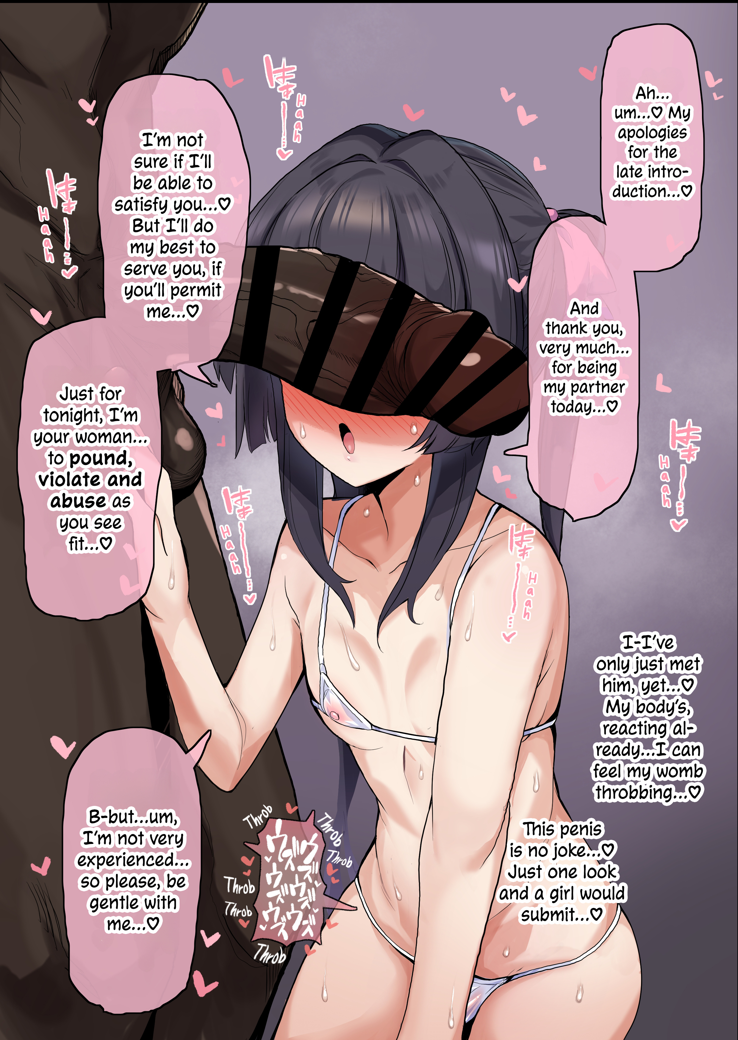 1boy, 1girl, 2boys, apology, bar censored, bikini, black hair, blunt bangs, blush, censored, cheating, cheating (relationship), cheating female, cheating girlfriend, colored, cuckold, cuckoldry, dark-skinned male, dark-skinned male penis, english text, explicit, exposed nipples, haah sound effect, heart symbol, interracial, large penis, lingerie, long hair, manga page, micro bikini, momonosuke (u-ma991028), netorare, netorase, nipples, ntr, penis, penis awe, purple eyes, senki zesshou symphogear, short hair, small breasts, sound effect, speech bubble, submission, sweat, throb sound effect, tsukuyomi shirabe, twintails, white bikini, white lingerie