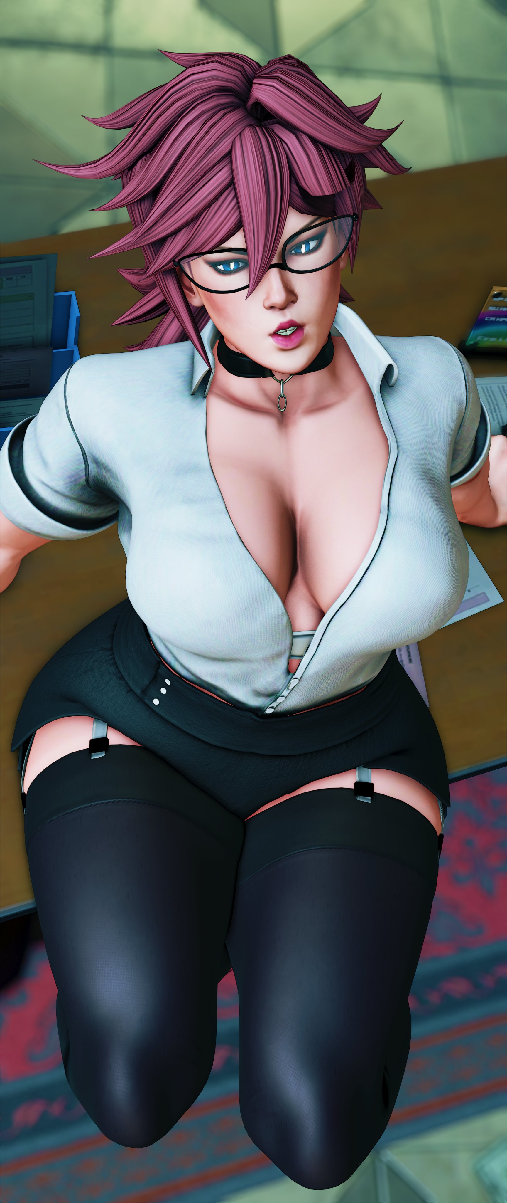 1girls, 3d, big breasts, blue eyes, breasts, business suit, business woman, busty, capcom, cleavage, collar, emergency elephant, female, female focus, female only, final fight, garter belt, hourglass figure, mod, no bra, office lady, pink hair, poison (final fight), pose, posing, secretary, sitting on desk, solo, solo female, stockings, street fighter, street fighter v, tagme, wide hips