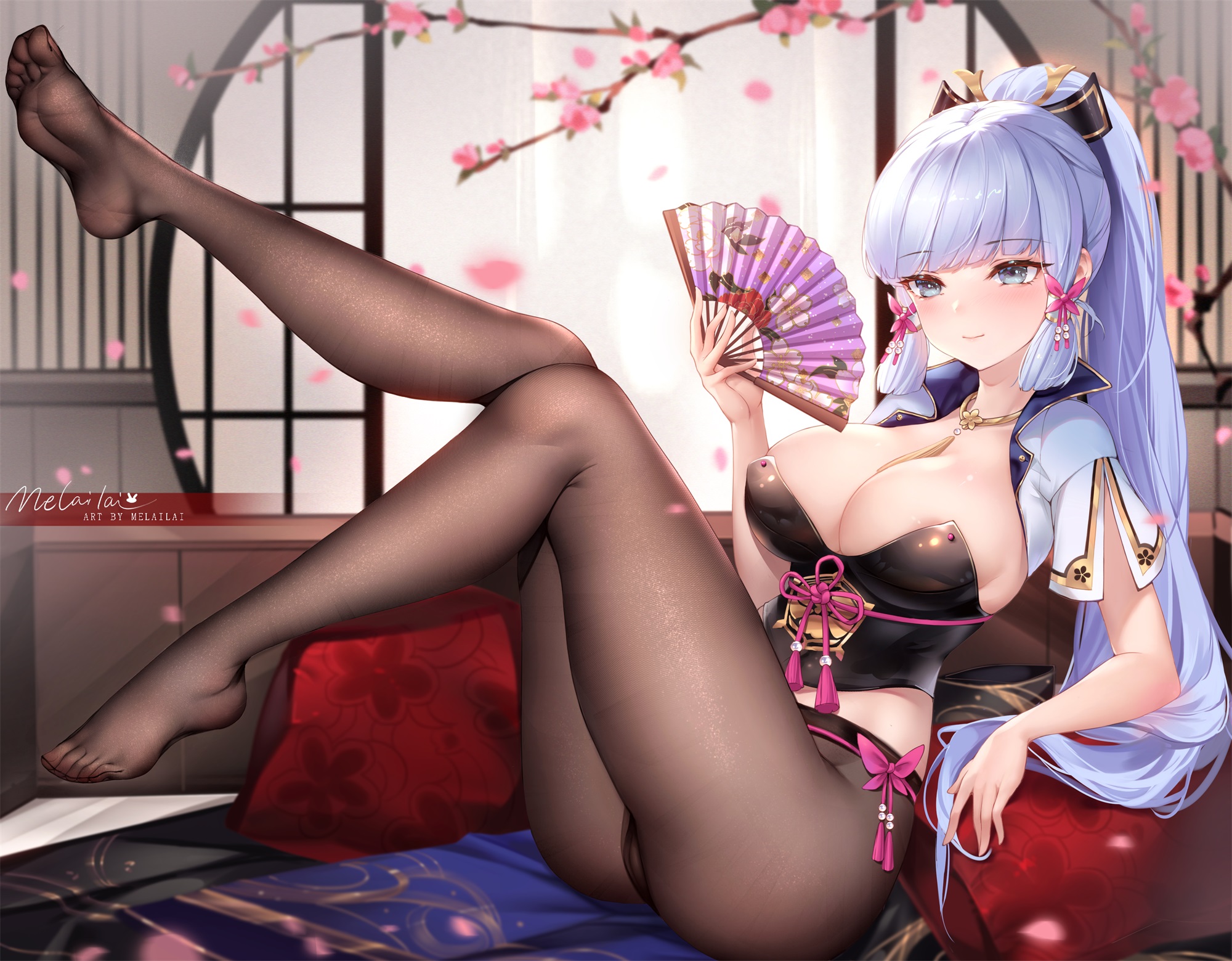 1girls, absurd res, areolae, ass, bangs, bed, big ass, big breasts, big butt, black legwear, blue eyes, blue hair, blush, breasts, cleavage, collar, detailed background, fan, feet, feet up, female, flower, genshin impact, hair ornament, hair ribbon, hi res, highres, huge ass, huge breasts, kamisato ayaka, large breasts, long hair, looking at viewer, melailai, necklace, pantyhose, petals, pillow, ponytail, ribbon, see-through, solo, thick thighs, thighs, tree
