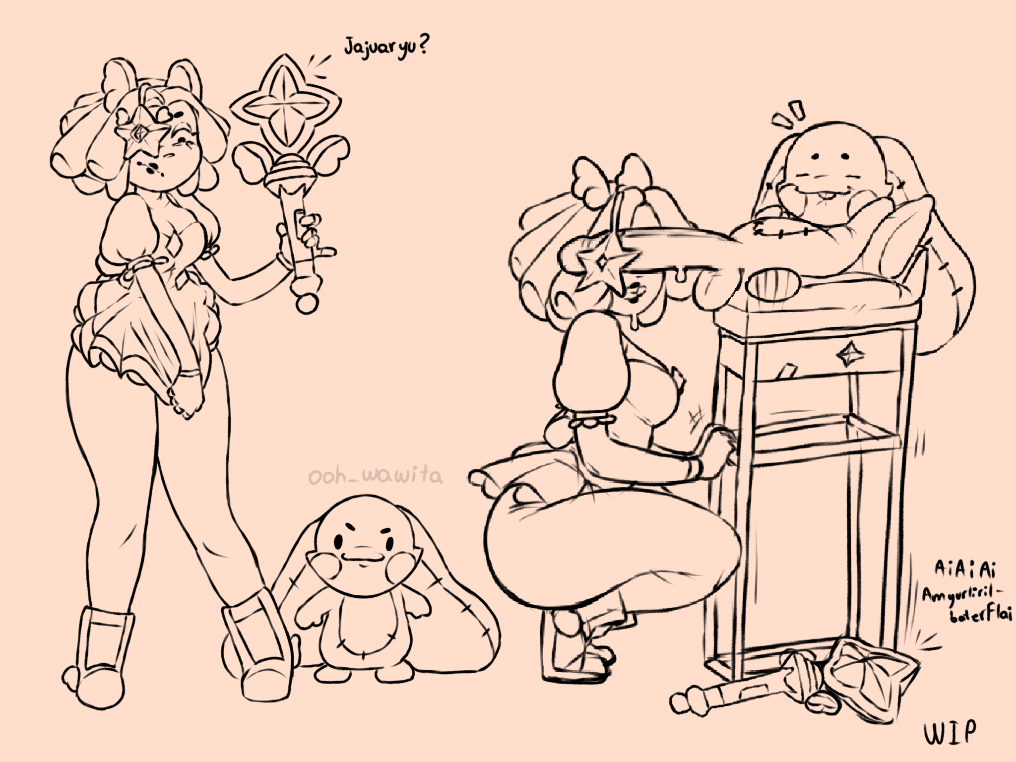 1boy, 1girls, brawl stars, bunny ears, dress, female, gris gris (brawl stars), hung, juju (brawl stars), magical girl, male, no color, notwawita, penis on face, short hair, short skirt, size difference, small but hung, small dom big sub, smaller male, starr patrol (brawl stars), starr patrol juju (brawl stars), supercell, thick thighs, work in progress