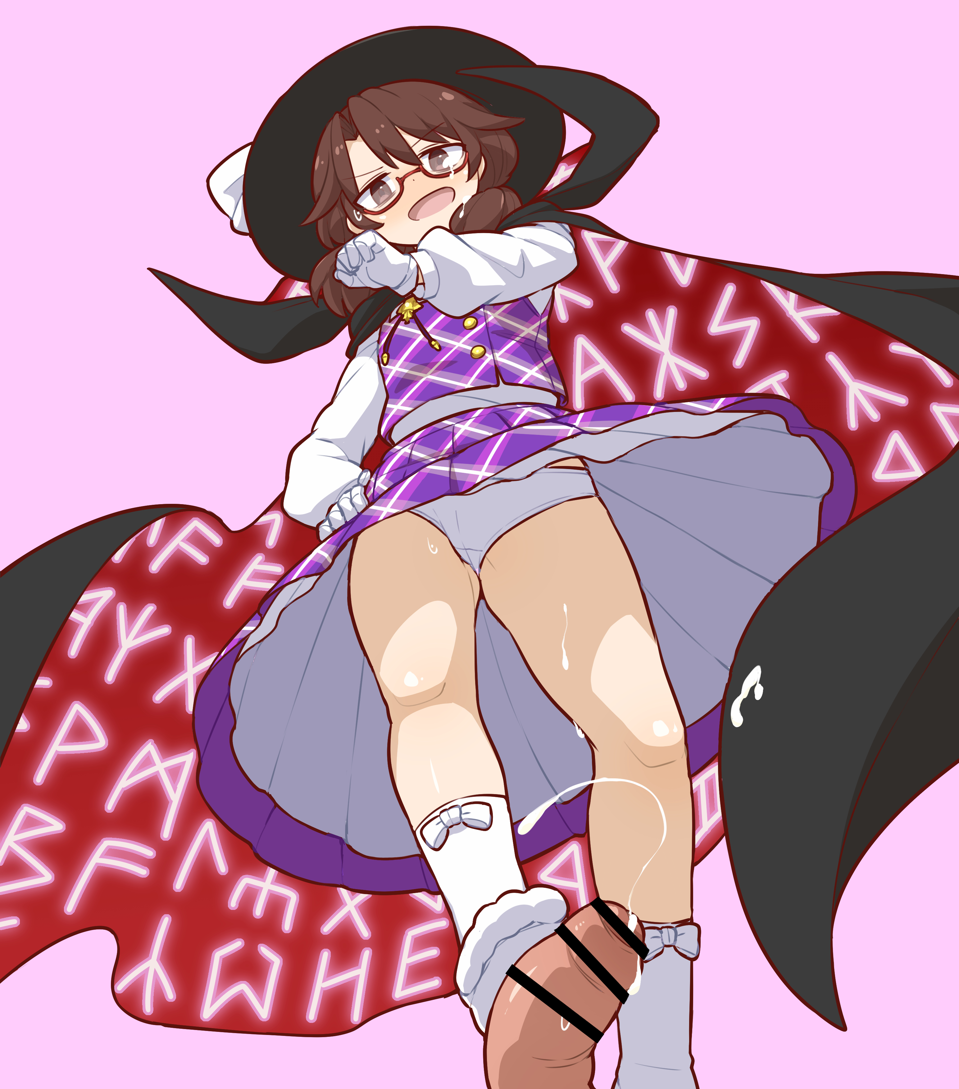 1boy, 1boy1girl, 1boy1girls, 1girl, 1girl1boy, 1girls, ankle socks, bonobo (odenokaz), brown eyes, brown hair, brunette, brunette female, censored, censored penis, clothed, clothed female nude male, clothed footjob, foot fetish, foot play, footjob, footjob with socks, glasses, gloves, knees, penis, shoeless, socks, stepping on penis, sumireko usami, thighs, touhou, upskirt, upskirt view, usami sumireko, viewed from below