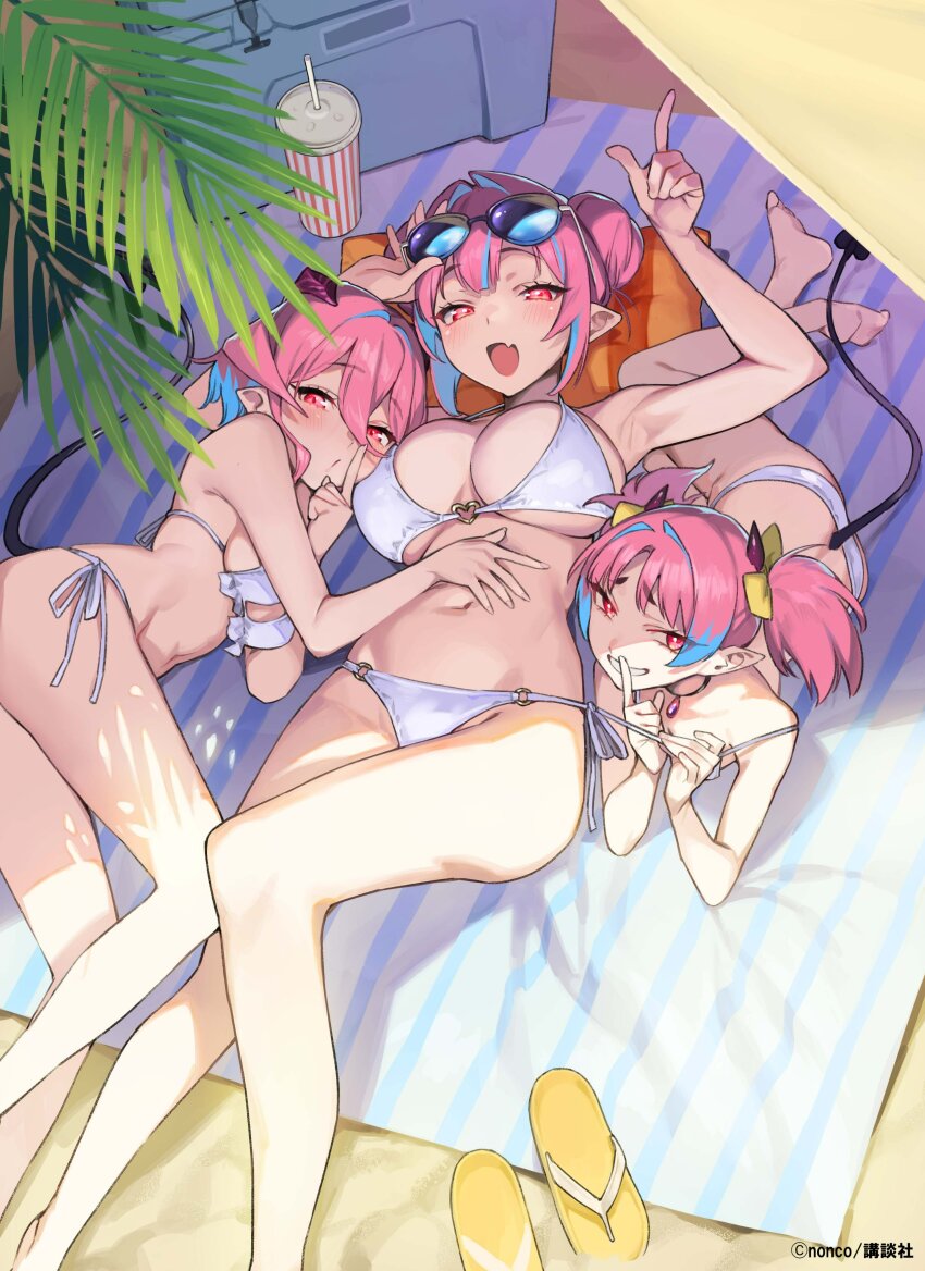 3girls, absurdres, adjusting eyewear, beach, bikini, blue hair, blush, breasts, cup, demon girl, demon tail, disposable cup, double bun, eyewear on head, fang, female, female only, hair between eyes, hair bun, hair intakes, hand on another's stomach, heart, heart o-ring, highres, horns, index finger raised, kanan (kanan-sama), kanan-sama wa akumade choroi, large breasts, looking at viewer, lying, medium breasts, medium hair, miel (kanan-sama), miltie (kanan-sama), multicolored hair, multiple girls, navel, nonco, o-ring, o-ring bikini, official art, on back, on side, open mouth, pink eyes, pink hair, plant, pointy ears, sandals, siblings, side-tie bikini bottom, sisters, skin fang, small breasts, smile, stomach, streaked hair, sunglasses, swimsuit, tail, thighs, twintails, two-tone hair, unworn sandals, white bikini