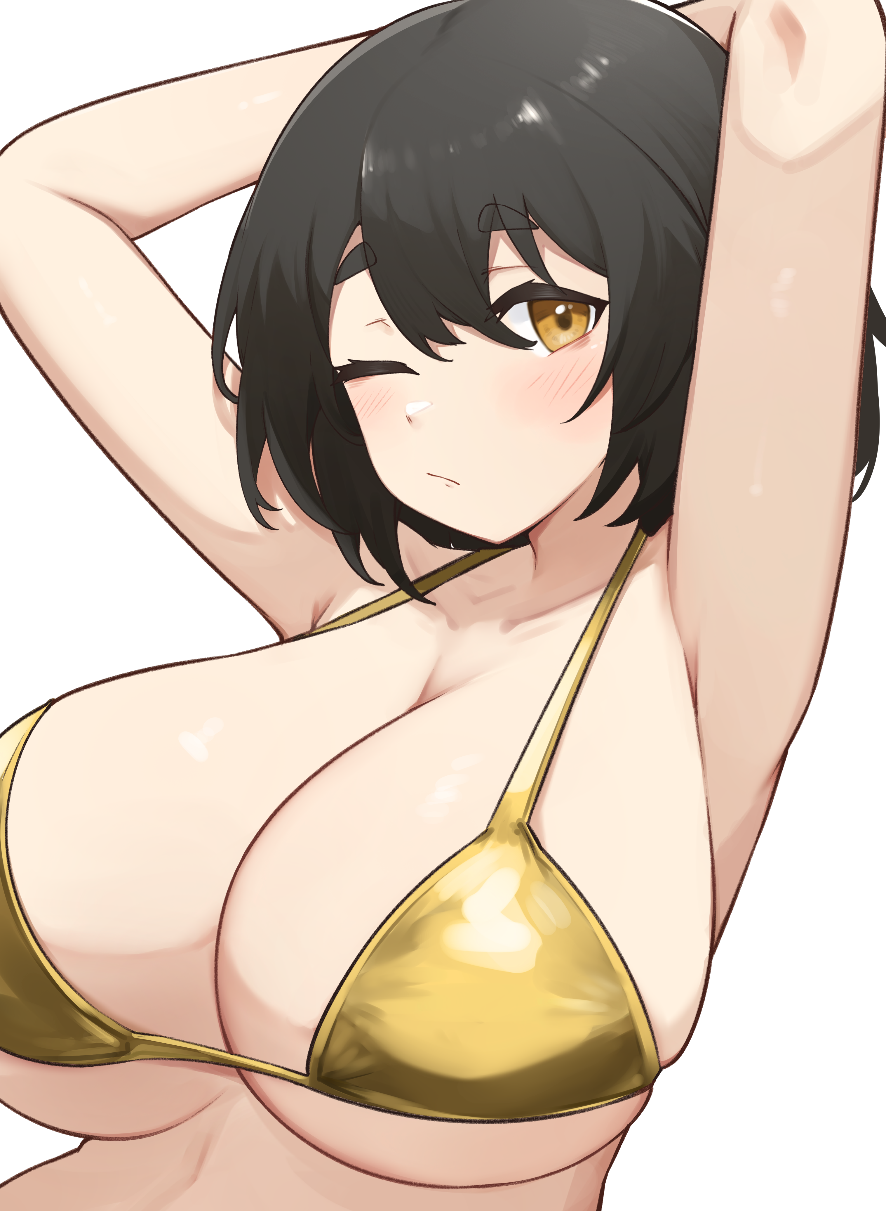 1girls, arms up, bikini, black hair, breasts, cleavage, daebom, female, female only, gold bikini, huge breasts, light skin, light-skinned female, m55 (daebom), one eye closed, orange eyes, short hair, solo, swimsuit, war thunder, white background