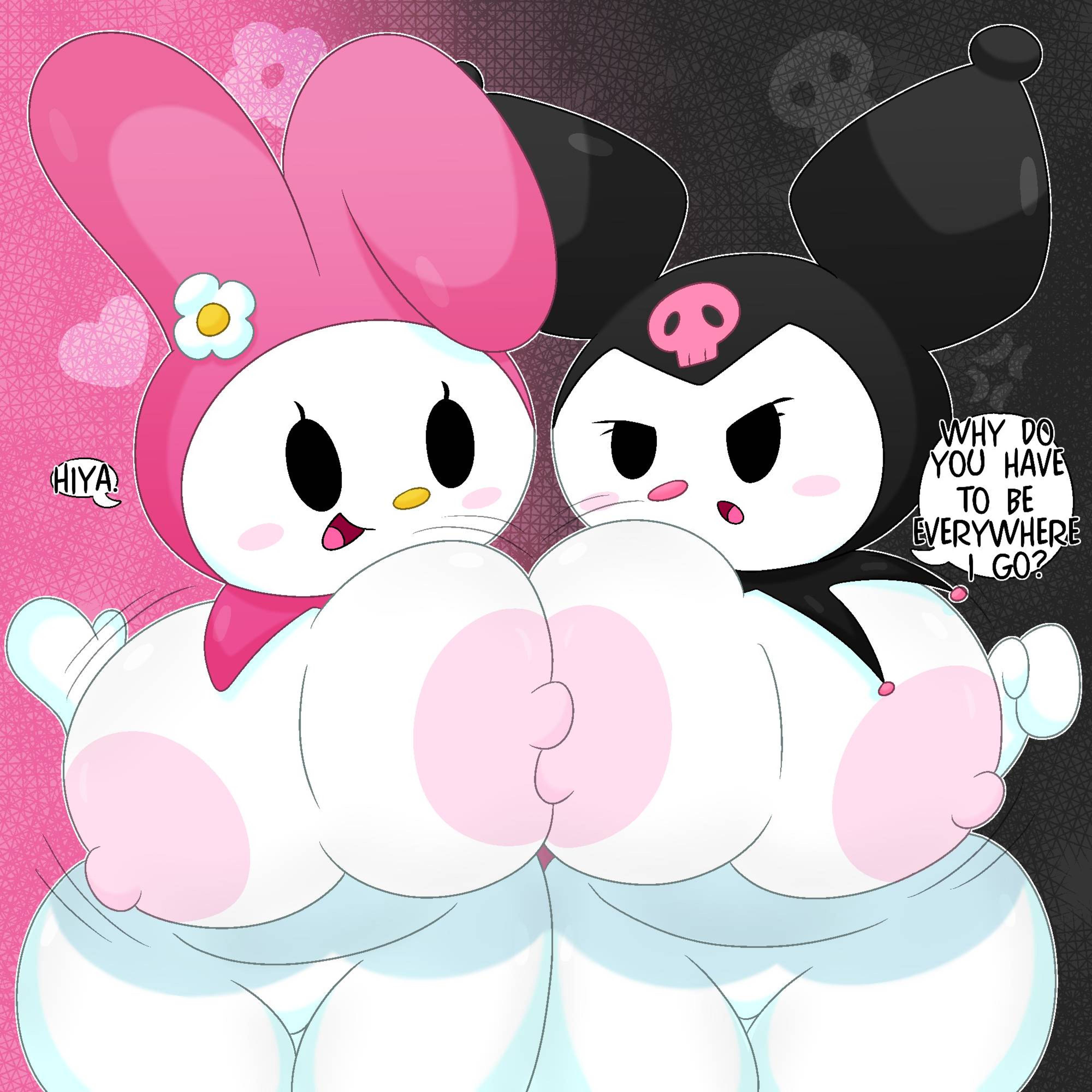 2girls, 3barts, areola, areolae, background, big boobs, big breasts, big tits, boobs, breasts, eyelashes, eyes, female, female only, hi res, high resolution, highres, kuromi, my melody, nipples, onegai my melody, sanrio, tagme, text, tits, yuri