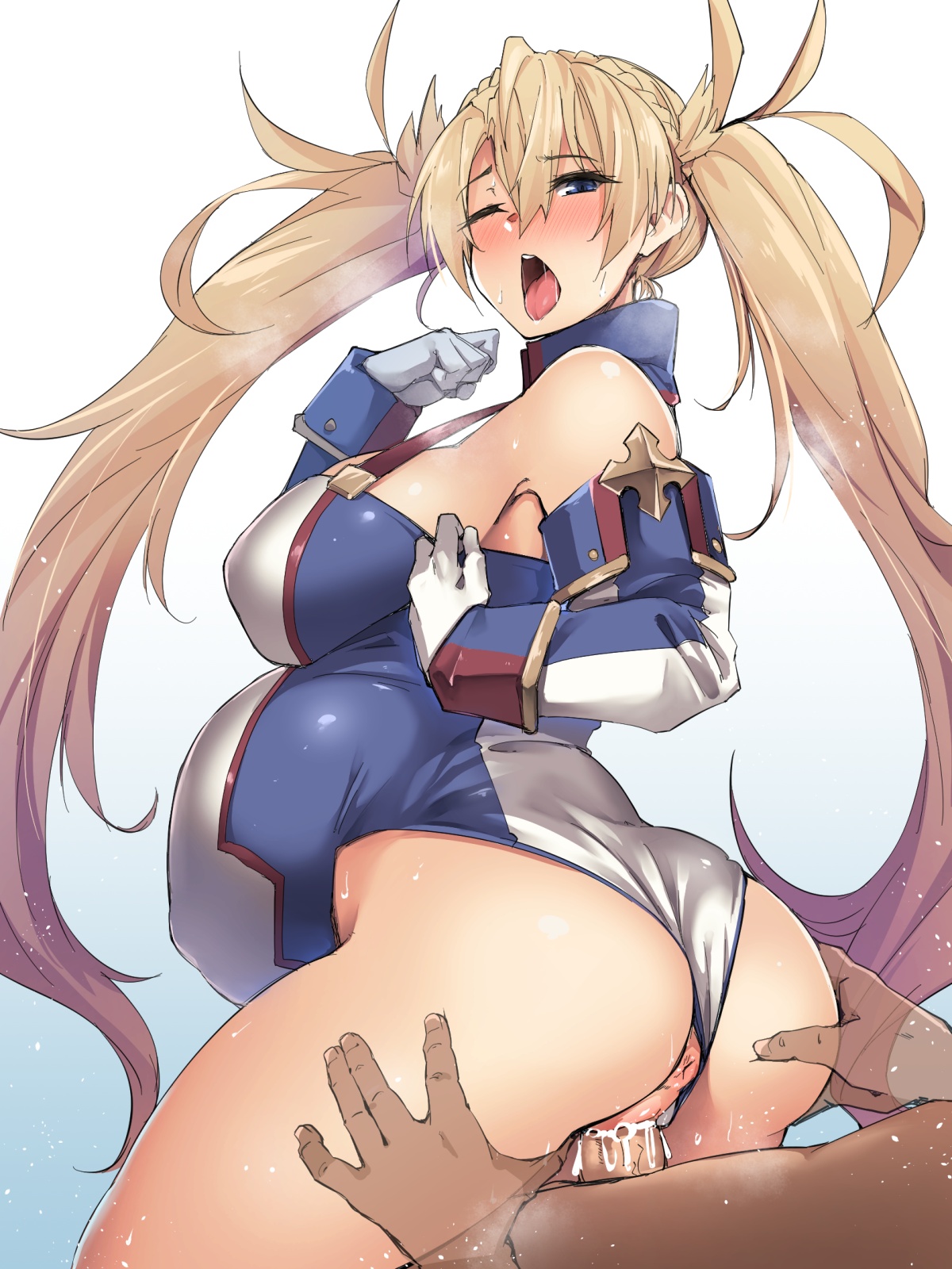 1boy, 1girls, anus, ass, ass grab, bare shoulders, big ass, big breasts, blonde hair, blue eyes, blush, bodily fluids, bodysuit, bradamante (fate), breasts, clothed sex, crown braid, detached sleeves, faceless male, fate (series), fate/grand order, female, female focus, from behind, gloves, kuronyan, leotard, leotard aside, long hair, looking back, male, one eye closed, open mouth, pregnant, pregnant sex, pussy, sweat, thigh grab, tongue, tongue out, twintails, uncensored, vaginal penetration, vaginal sex, white gloves