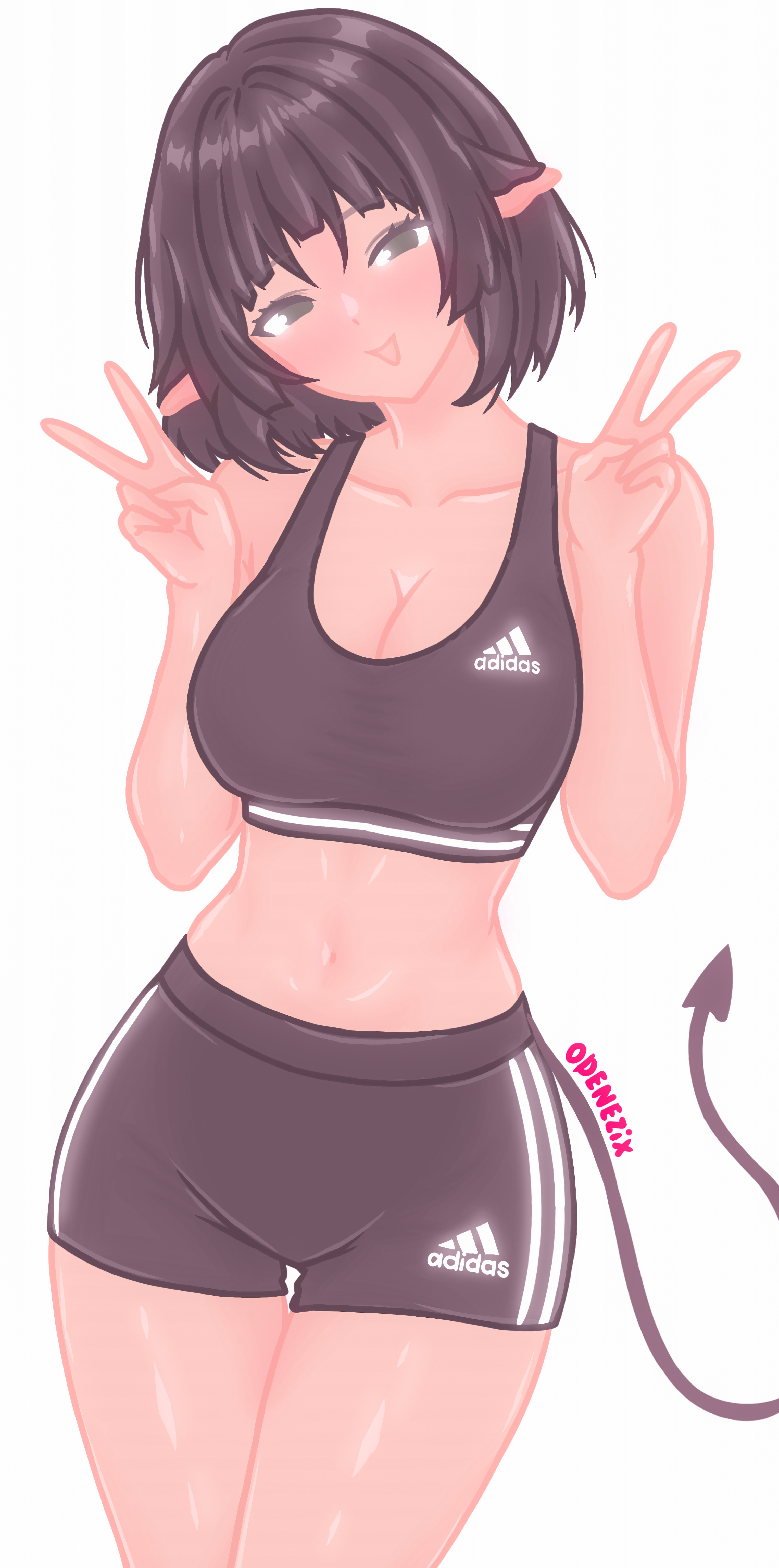 adidas, adidas logo, clothing, female, female focus, female only, high quality, jane doe (zenless zone zero), odenezix, sports bra, sports shorts, sports uniform, tagme, v, v sign, white background, zenless zone zero