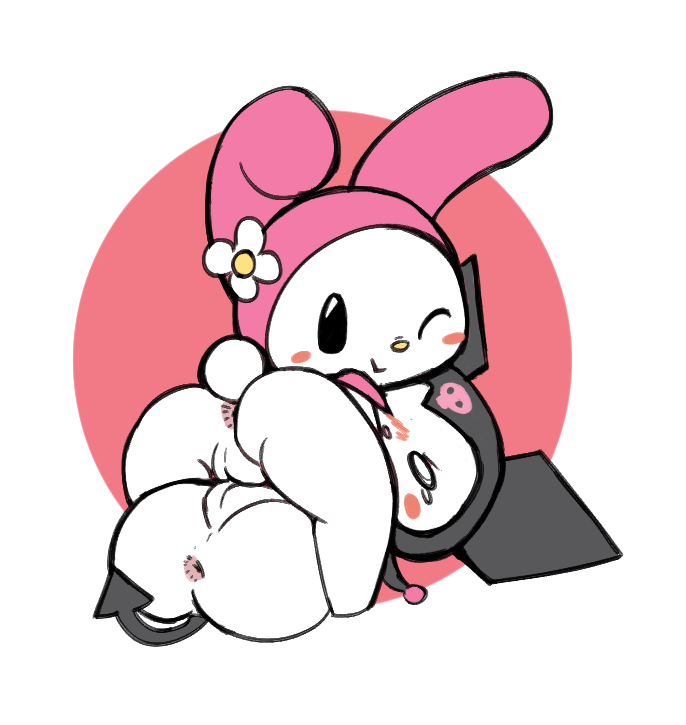 2girls, anus, artist request, ass, female, female only, kuromi, multiple females, multiple girls, my melody, onegai my melody, pussy, sanrio, tagme, tail, thick thighs, wink, yellow nose, yuri