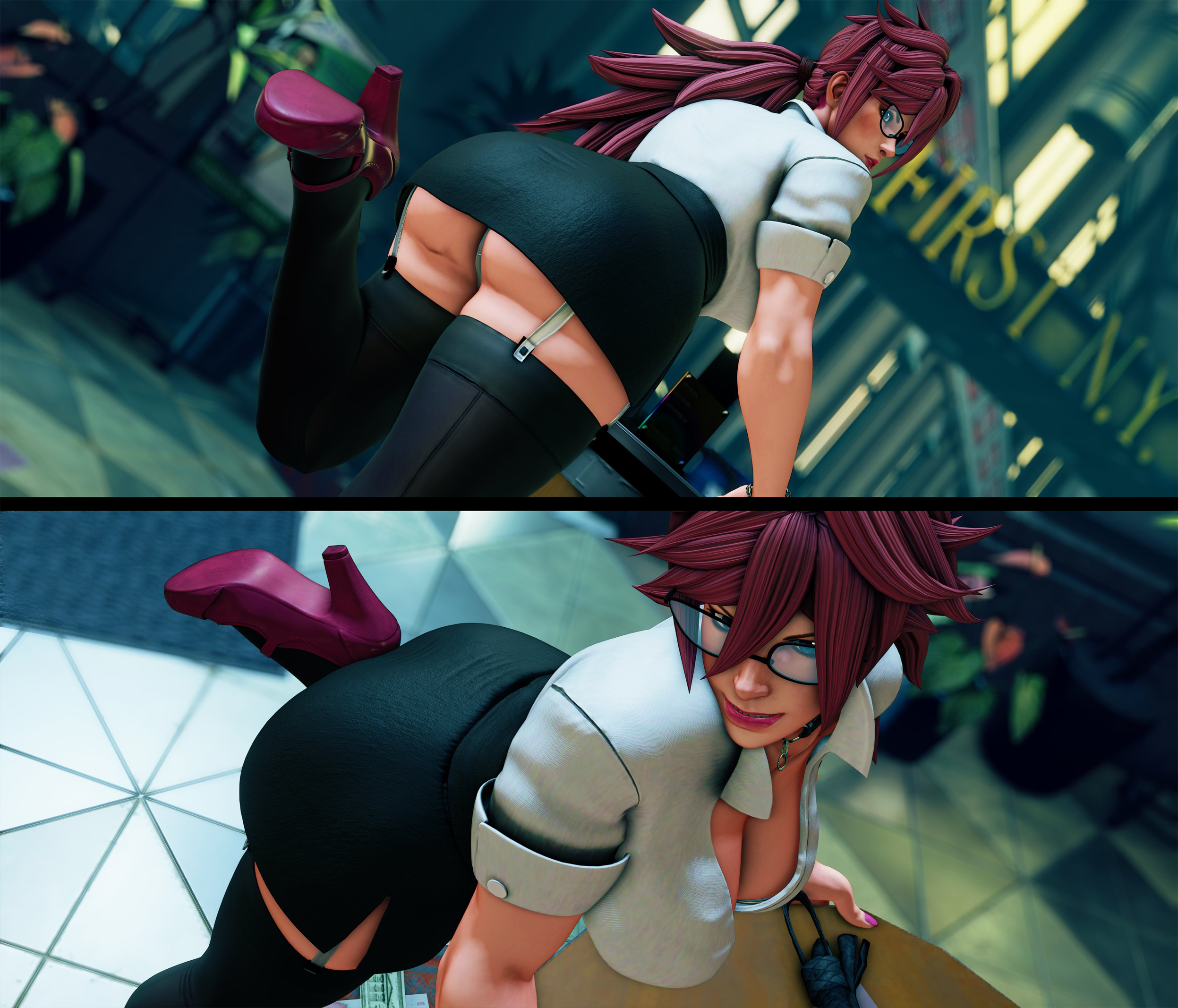 1girls, 3d, ass, breasts, bubble ass, bubble butt, business suit, business woman, busty, capcom, collar, emergency elephant, female, female only, final fight, glasses, hourglass figure, mod, office lady, pink hair, poison (final fight), pose, posing, secretary, sleeves rolled up, solo, street fighter, street fighter v, tagme, wide hips