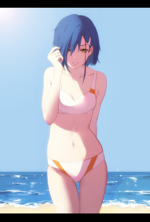 ass, beach, bikini, blue hair, breasts, darling in the franxx, female, green eyes, grin, ichigo (darling in the franxx), legs, petite, short hair, slender, slender waist, small breasts, smile, thighs