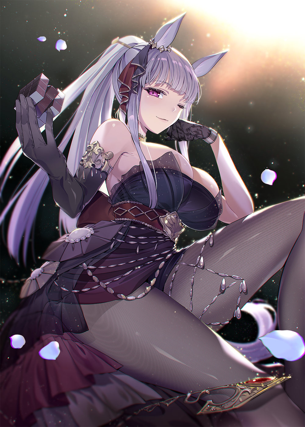 1girl, animal ears, asymmetrical gloves, bare shoulders, black dress, black gloves, black pantyhose, breasts, closed mouth, dress, ear ornament, elbow gloves, evening gown, gloves, gold ship (la mode 564) (umamusume), gold ship (umamusume), grey hair, highres, holding, horse ears, horse girl, horse tail, jewelry, large breasts, long hair, looking at viewer, nazo kitsune, official alternate costume, official alternate hairstyle, one eye closed, pantyhose, ponytail, purple eyes, rubik's cube, smile, solo, tail, umamusume, uneven gloves