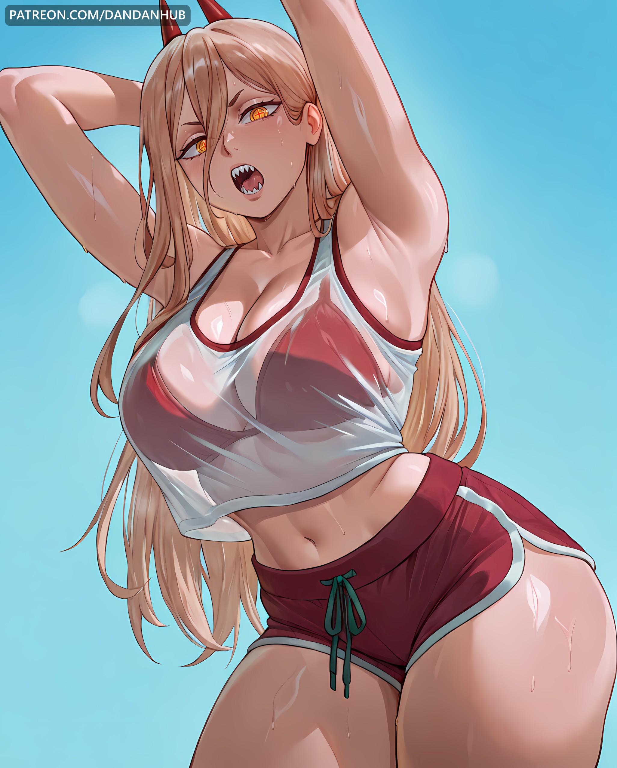 1girl, ai generated, alternate breast size, armpits, arms up, bikini, blonde hair, blue background, breasts, chainsaw man, cleavage, crop top, cross-shaped pupils, dandanhub, demon horns, dolphin shorts, female, female only, hair between eyes, horns, large breasts, long hair, looking at viewer, midriff, navel, open mouth, power (chainsaw man), red bikini, red horns, red shorts, see-through, sharp teeth, short shorts, shorts, solo, sweat, swimsuit, symbol-shaped pupils, tank top, teeth, thighs, wet, wet clothes, yellow eyes