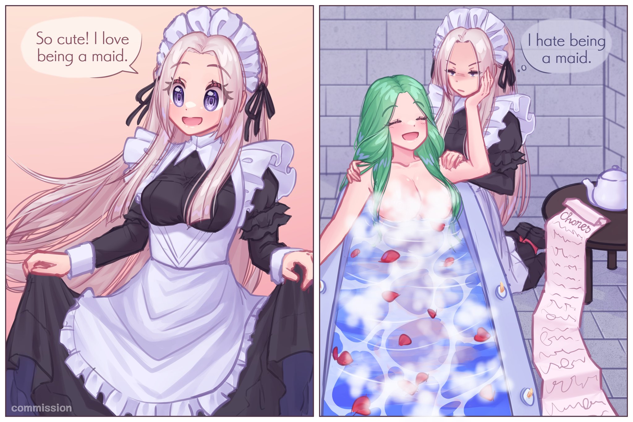 2girls, 2koma, alternate costume, bad censor, bath, bathing, blonde hair, blue eyes, breasts, candle, caress, chores, completely nude, covering, edelgard von hresvelg, english text, female, femdom, femsub, fire emblem, fire emblem: three houses, green hair, hand on face, instant loss 2koma, isabellamagic, kneeling, large breasts, list, long hair, maid, medium breasts, nintendo, nude, nude female, open mouth, petals, rhea (fire emblem), smile