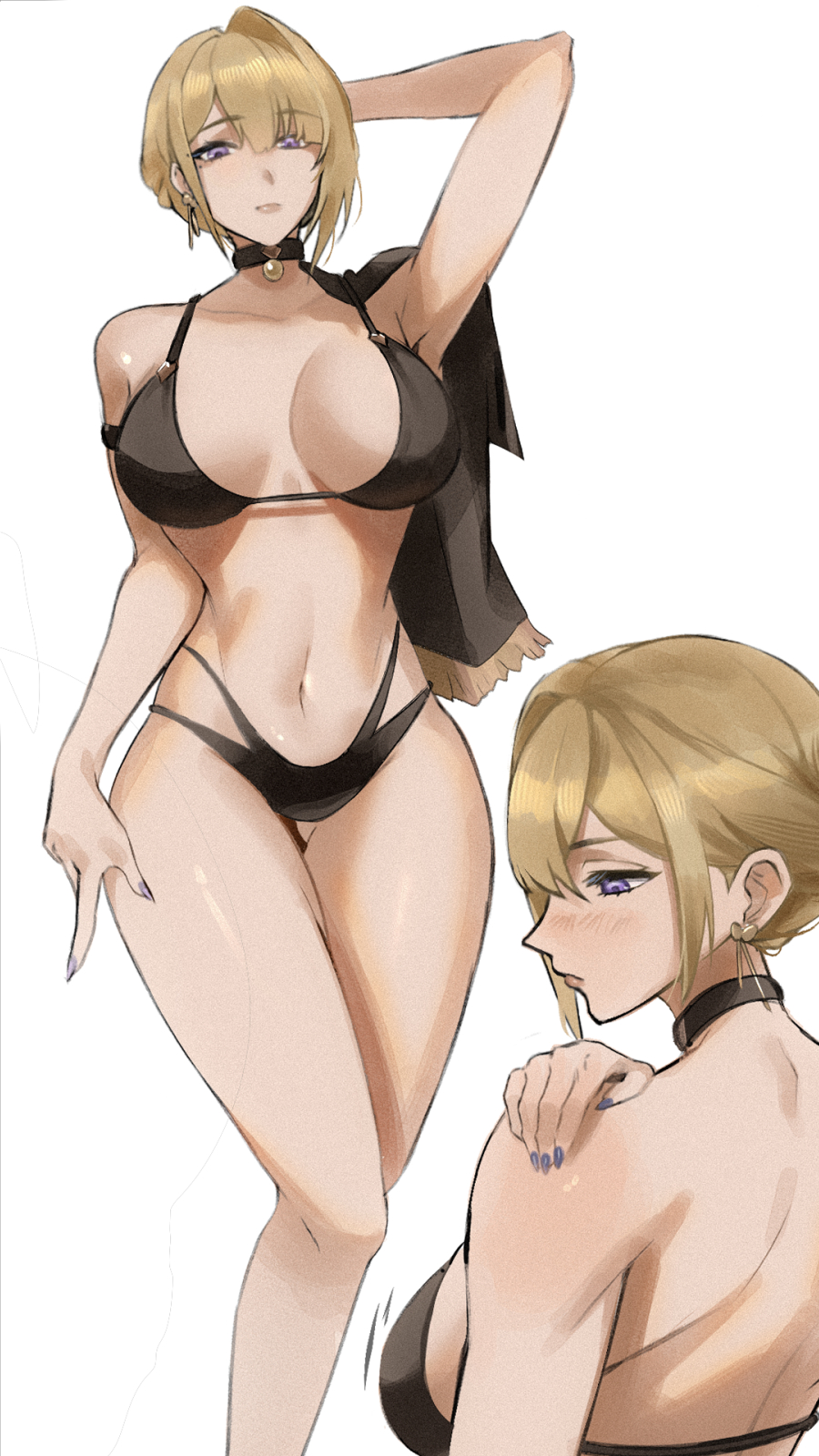 1girl, arm up, armpits, bare shoulders, bikini, black bikini, black capelet, black choker, blonde hair, blue nails, blush, breasts, capelet, choker, closed mouth, collarbone, colored nails, earrings, evelyn chevalier, highres, jewelry, large breasts, legs, long nails, looking at viewer, mole, mole under eye, navel, painted nails, purple eyes, short hair, simple background, solo, stomach, swimsuit, thighs, tommy (kingdukeee), white background, zenless zone zero