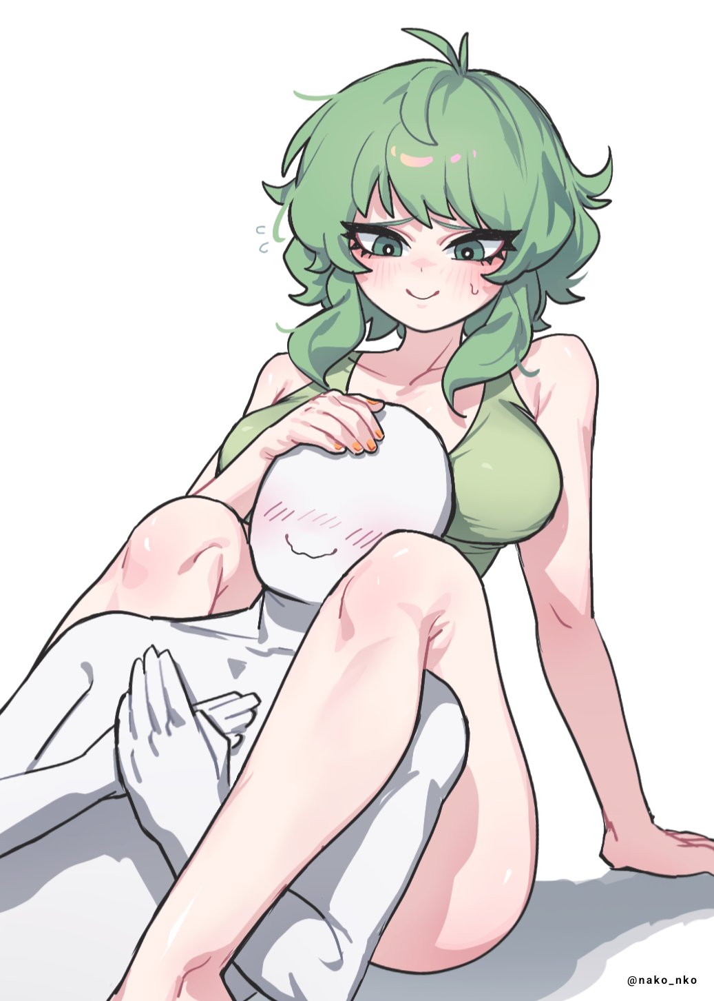 1boy, 1girls, blush, breasts, female, green eyes, green hair, gumi, legs, megpoid gumi, no visible genitalia, synthesizer v, vocaloid